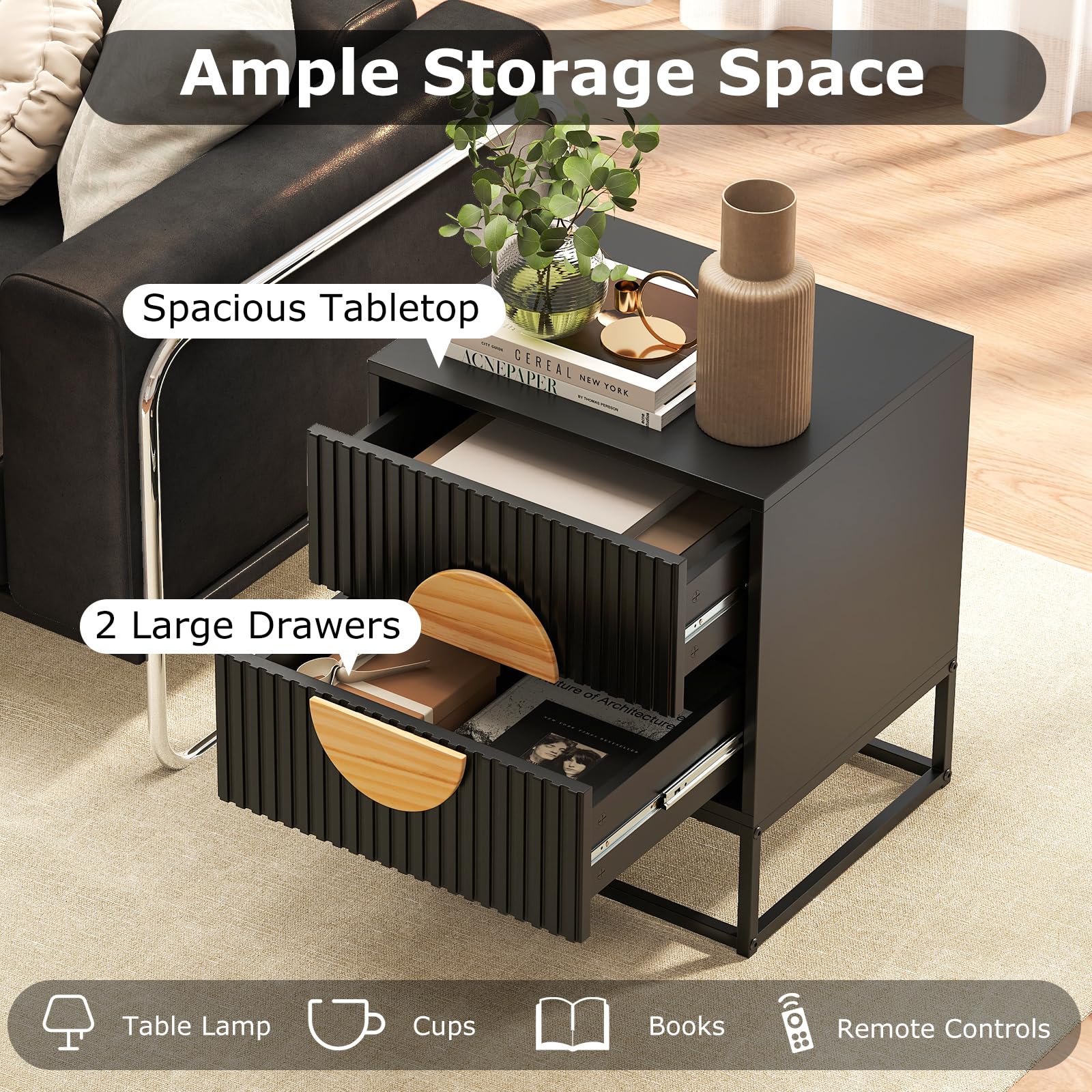 KOMFOTT Fluted Nightstand with 2 Drawers(1/2)