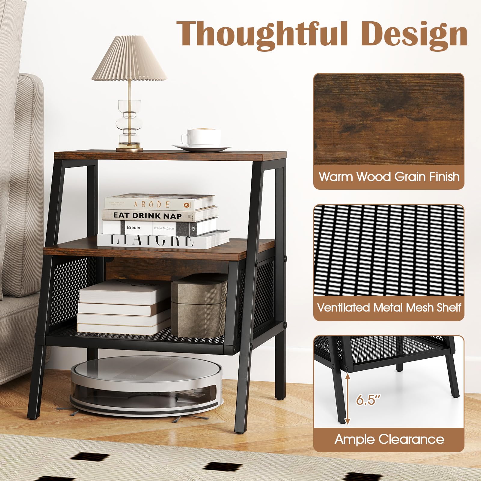 KOMFOTT Industrial Nightstand 3-Tier End Table