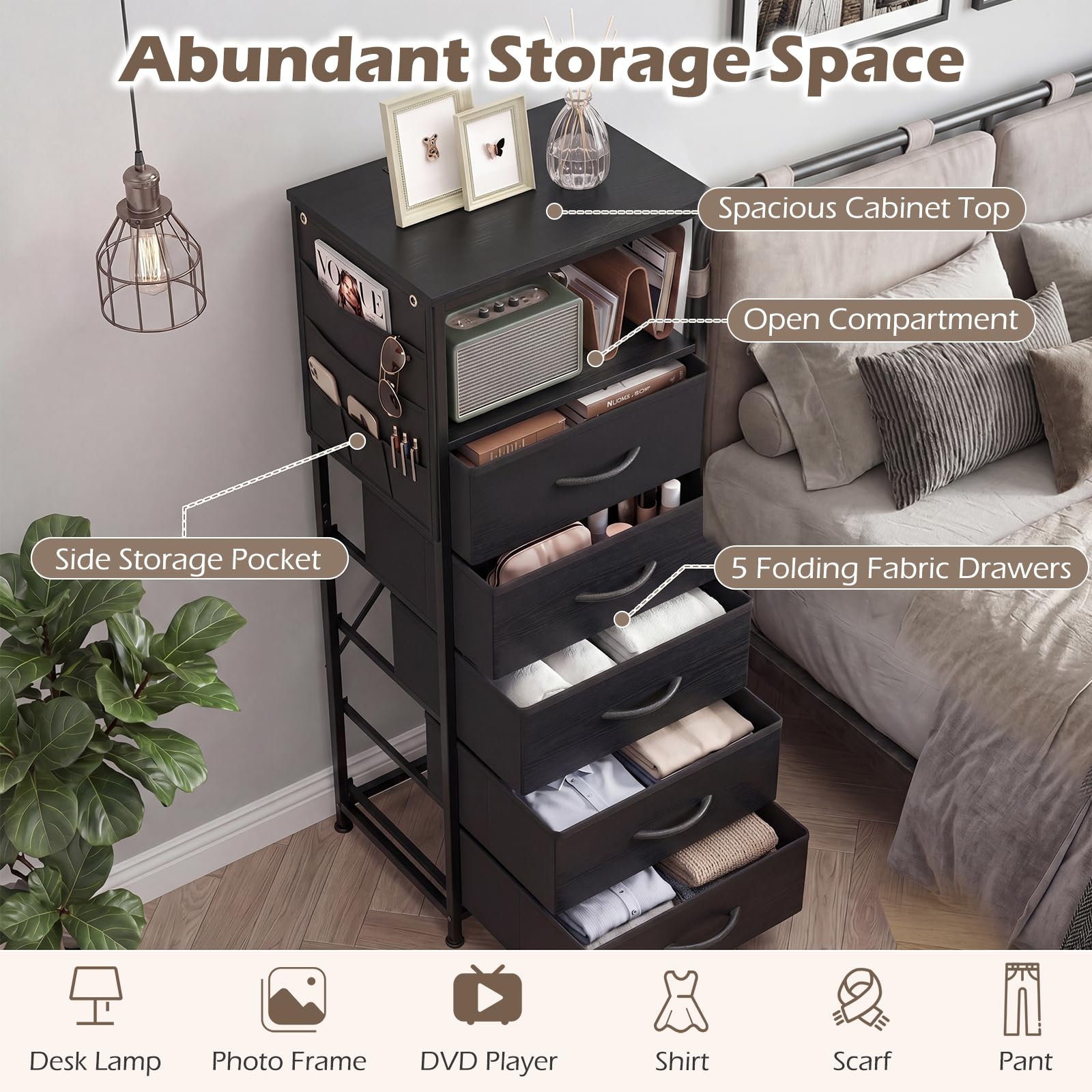 KOMFOTT 1/2 Nightstand with Integrated Charging Station 39" Tall Modern End Table(5 Drawers)