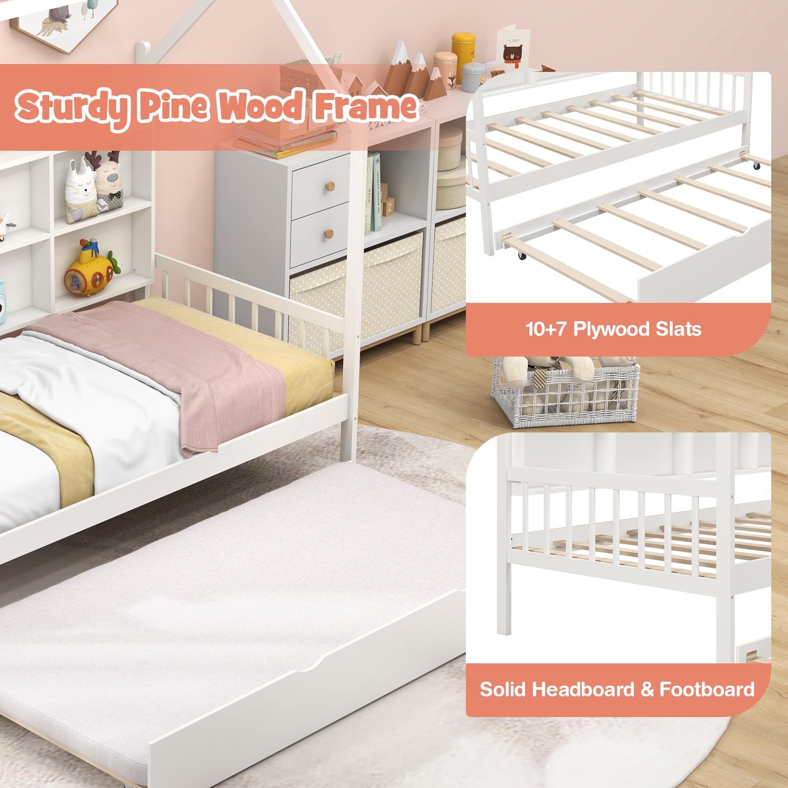 KOMFOTT Wood Twin House Bed with Trundle（White）