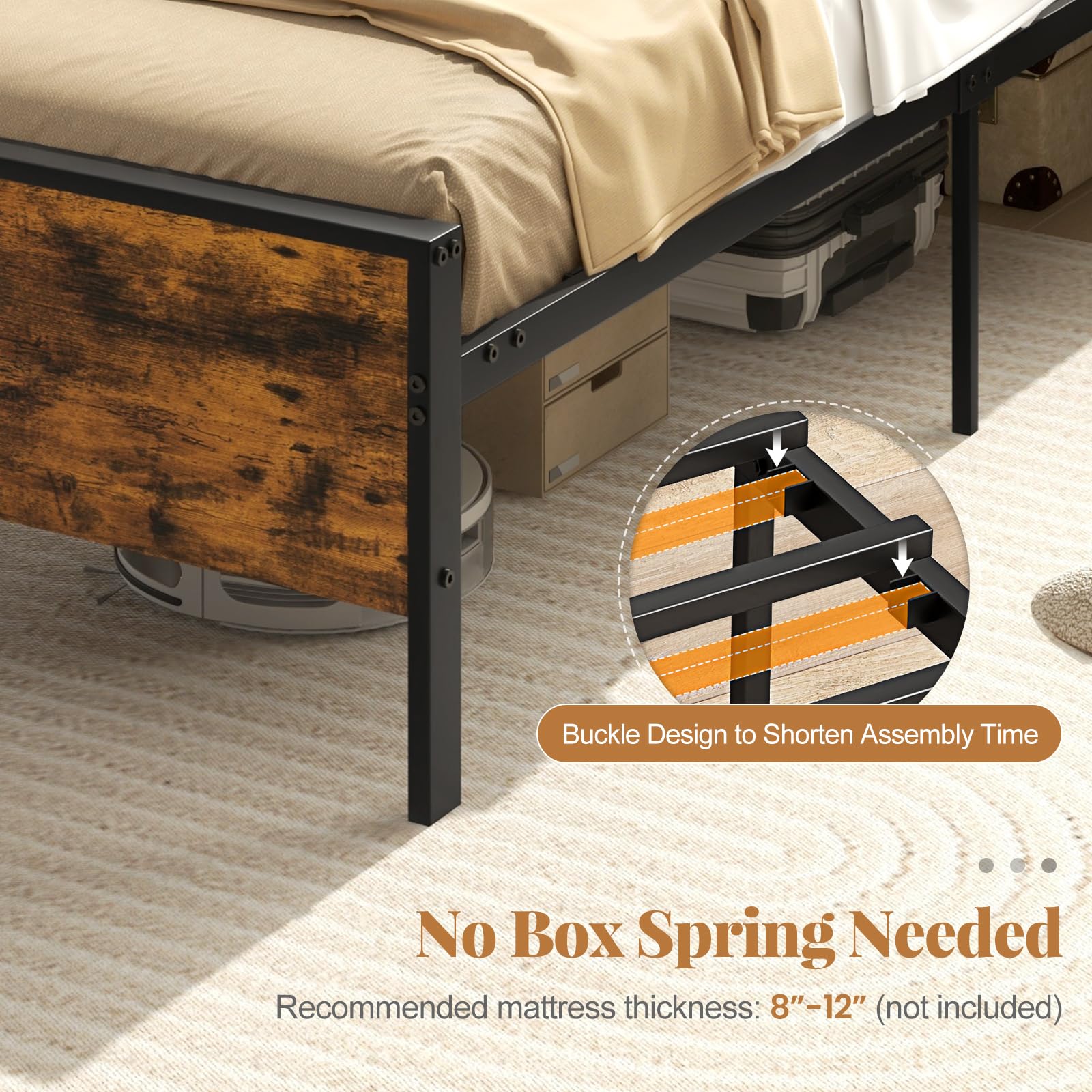 KOMFOTT  Metal Bed Frame with Footboard & Headboard  Heavy-Duty Platform Bed