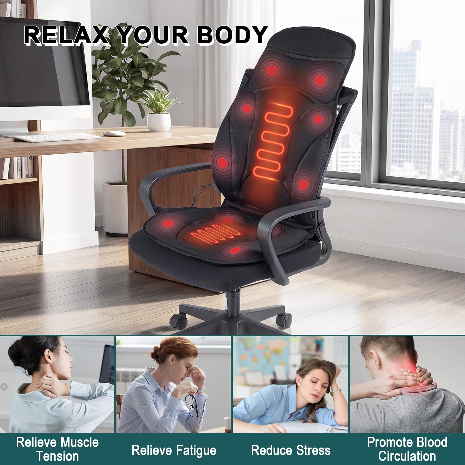 KOMFOTT Massage Seat Cushion Back Massager with Heat Chair Massager, 10 Vibration Nodes & 2 Heat Pads