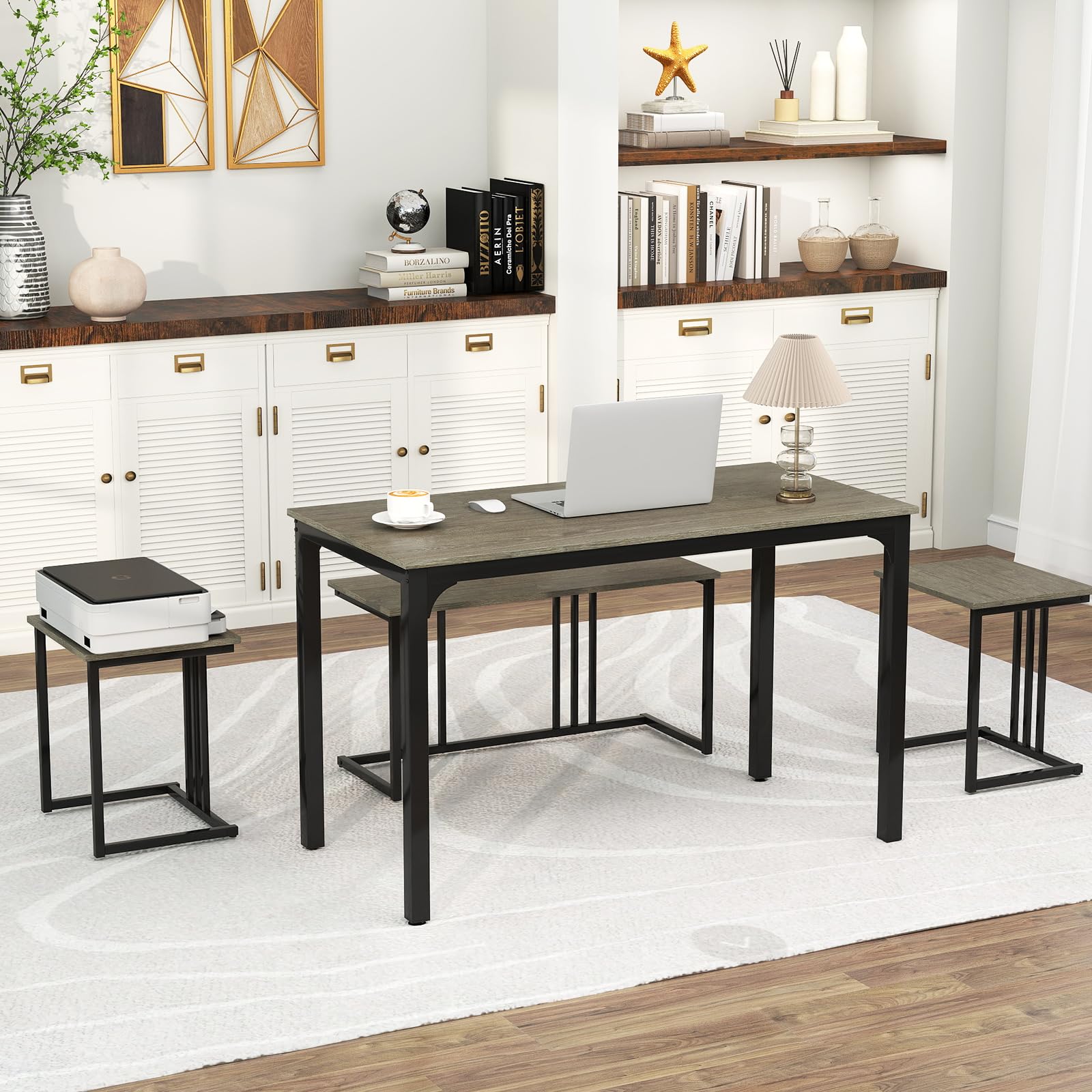 KOMFOTT 4 Piece Dining Table Set for 4 with Bench & 2 Stools, Space-Saving Desk Set