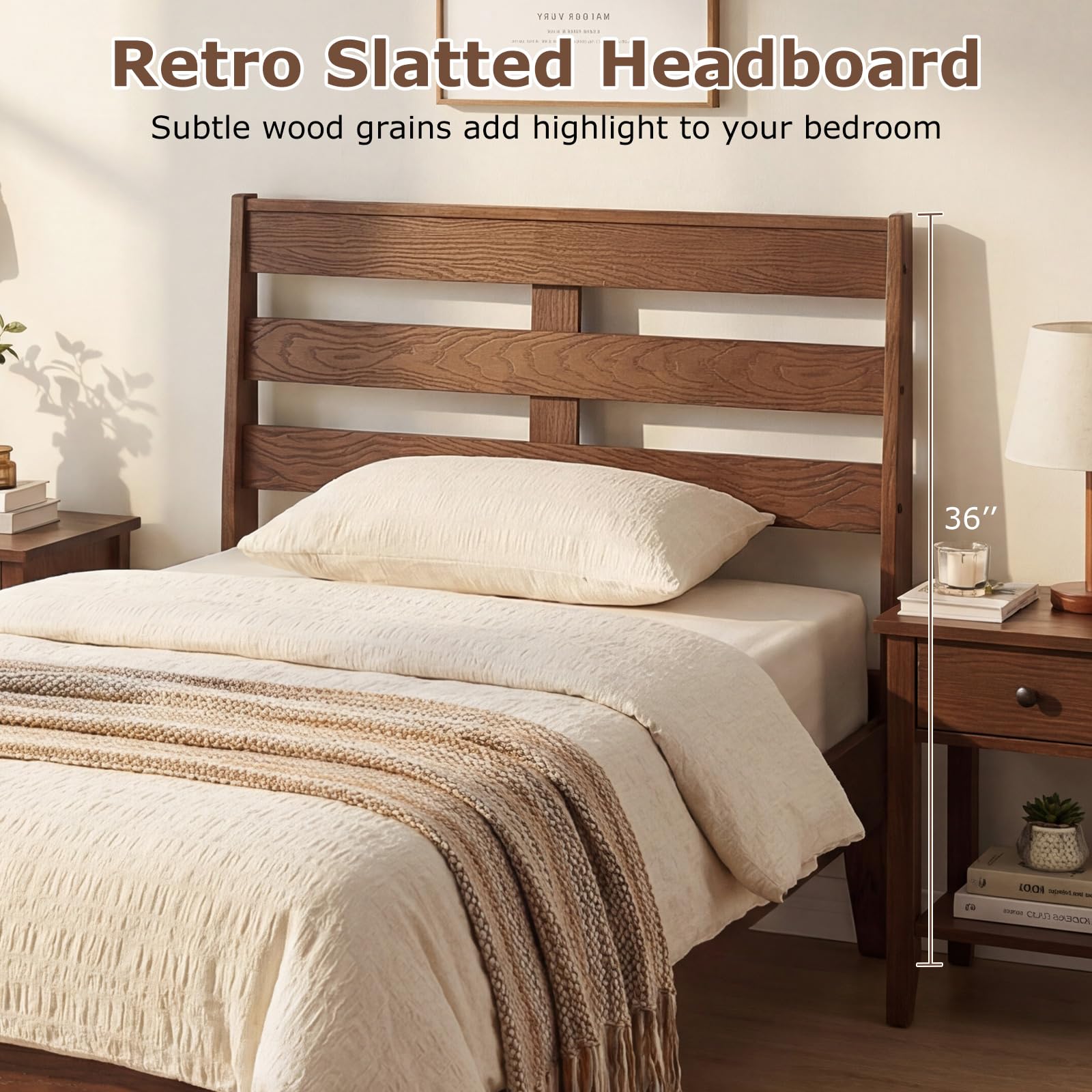KOMFOTT Twin/Full/Queen Size Rubber Wood Bed Frame with Headboard