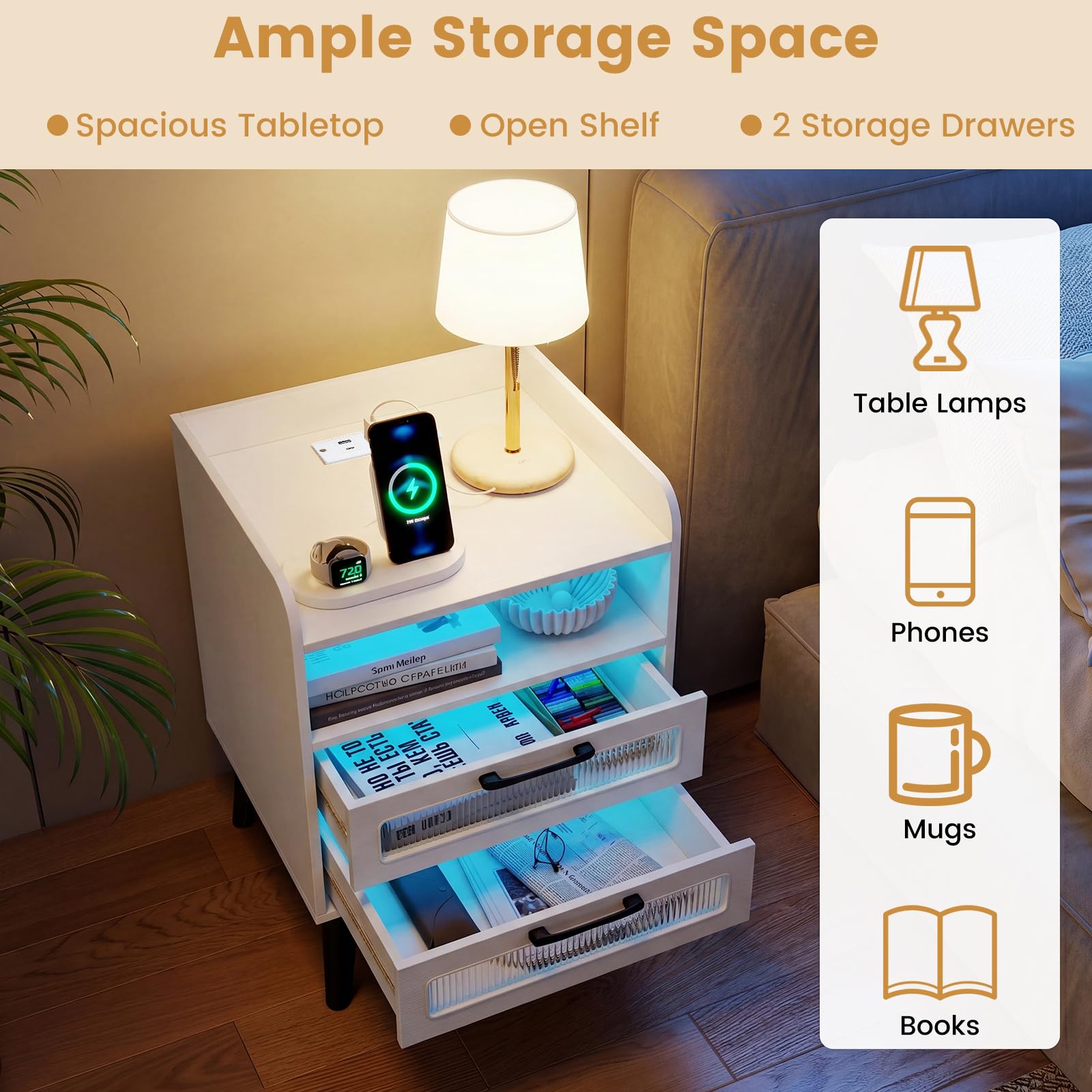 KOMFOTT Nightstand with Charging Station and LED Lights(1/2)