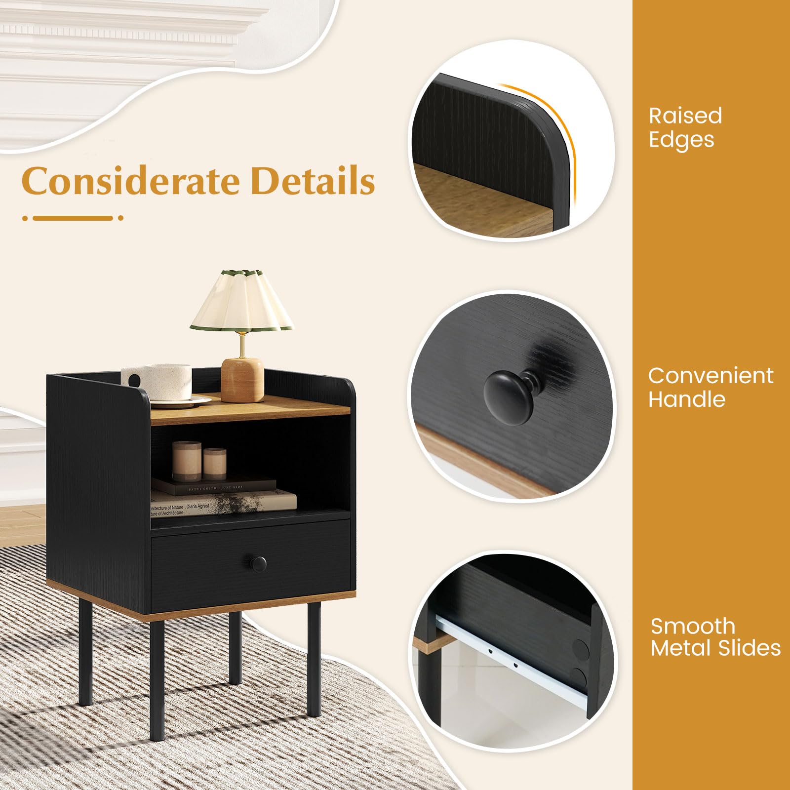 KOMFOTT Nightstand with Drawer 3-Tier Sofa Side Table