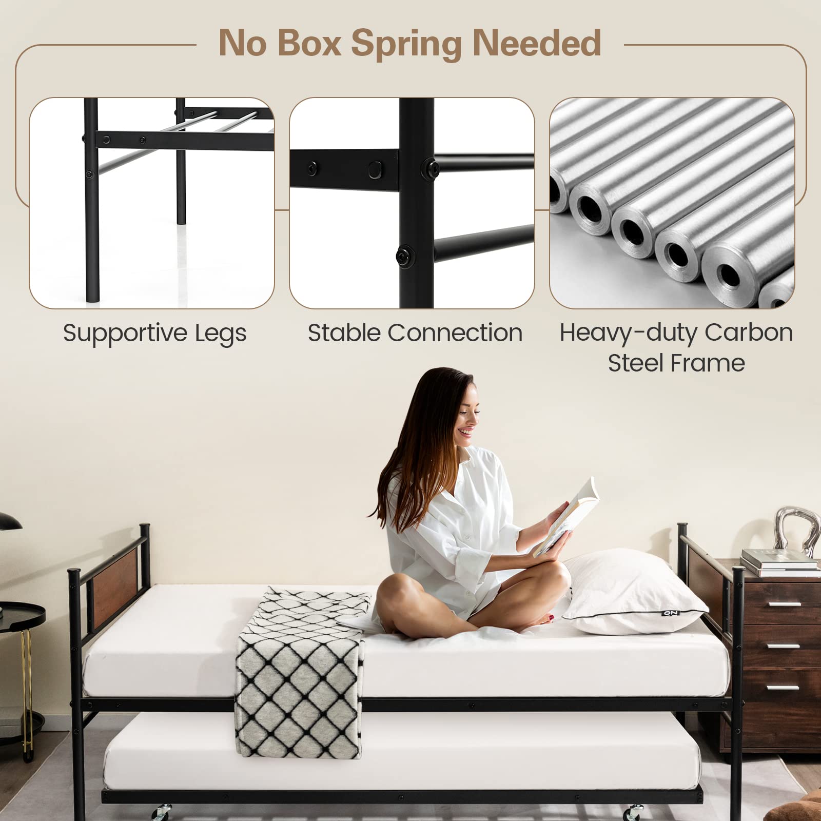 KOMFOTT Twin Metal Daybed with Trundle（Black）