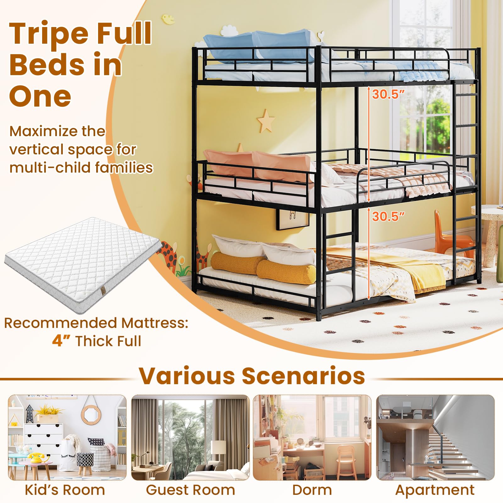 KOMFOTT Heavy-Duty Metal Triple Bunk Bed
