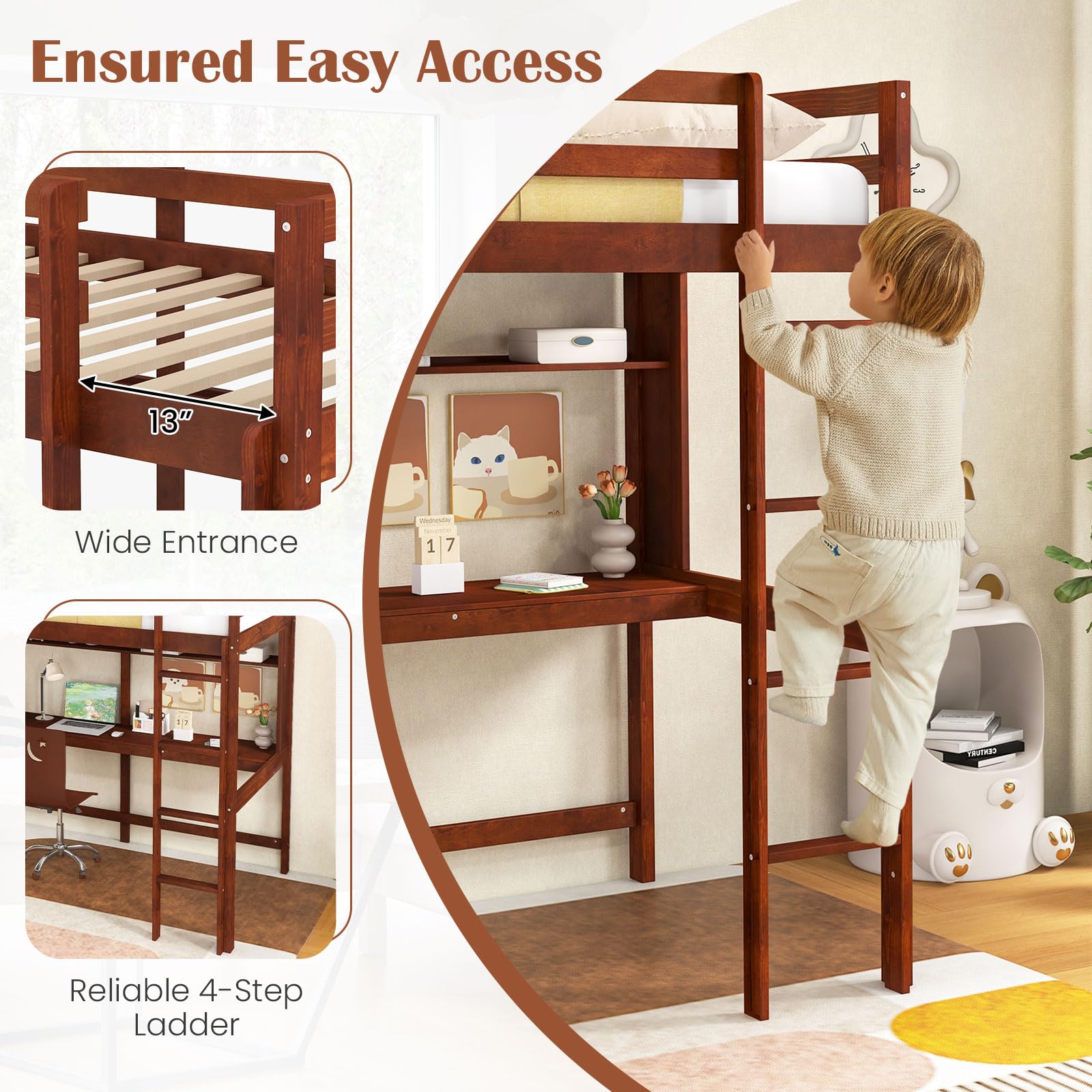 KOMFOTT Twin Loft Bed with Desk Wood Loft Beds for Kids