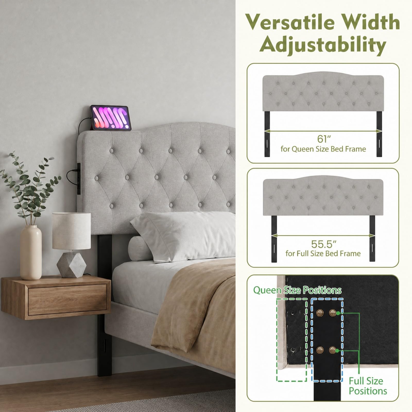 KOMFOTT Modern Headboard with Charging Station for Queen & Full Bed(Curved Button Tufted)