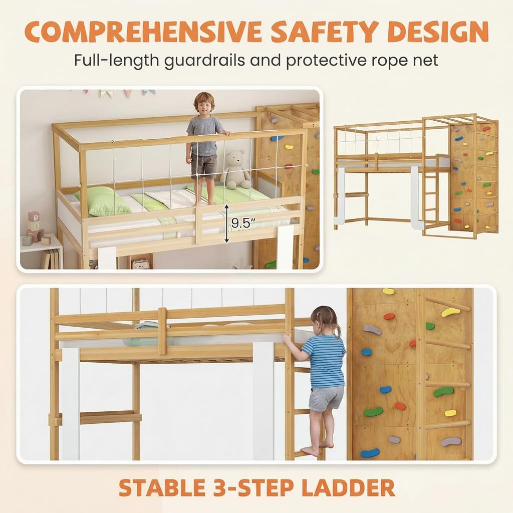 KOMFOTT Twin Bunk Bed with Jungle Gym Kids Loft Bed with Rock Wall