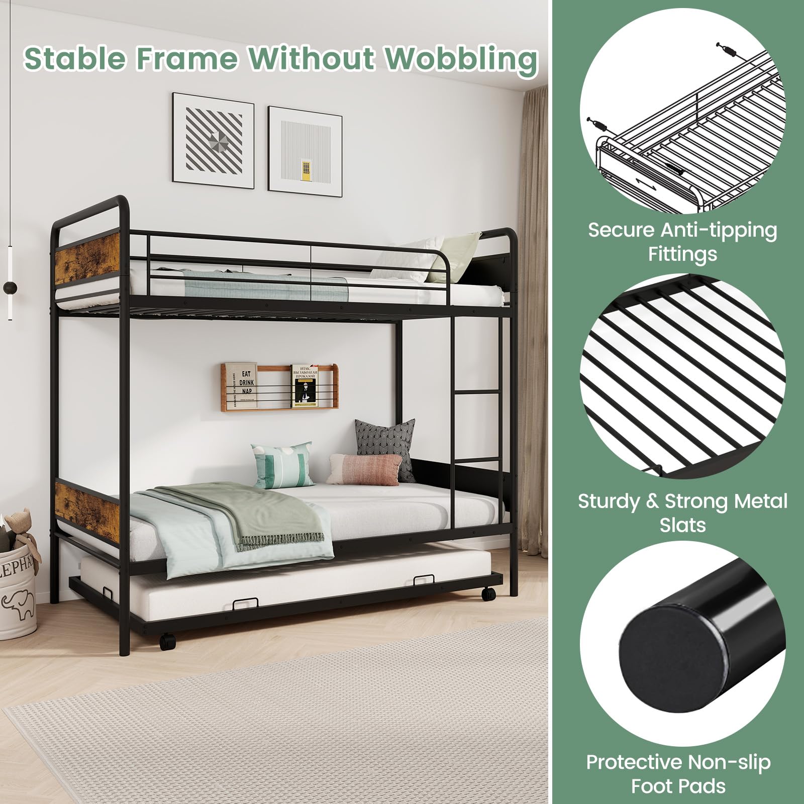 KOMFOTT Metal Twin Over Twin Bunk Bed with Trundle