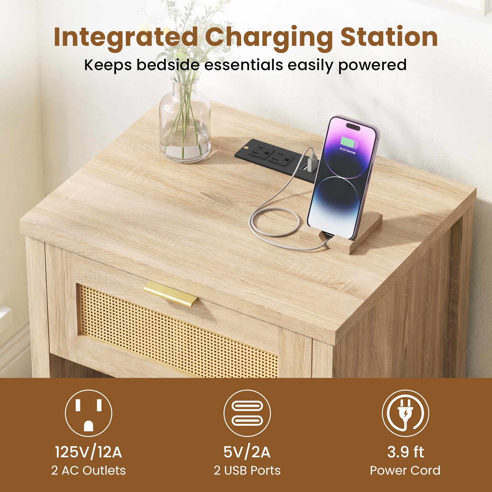 KOMFOTT Rattan Nightstand with Charging Station