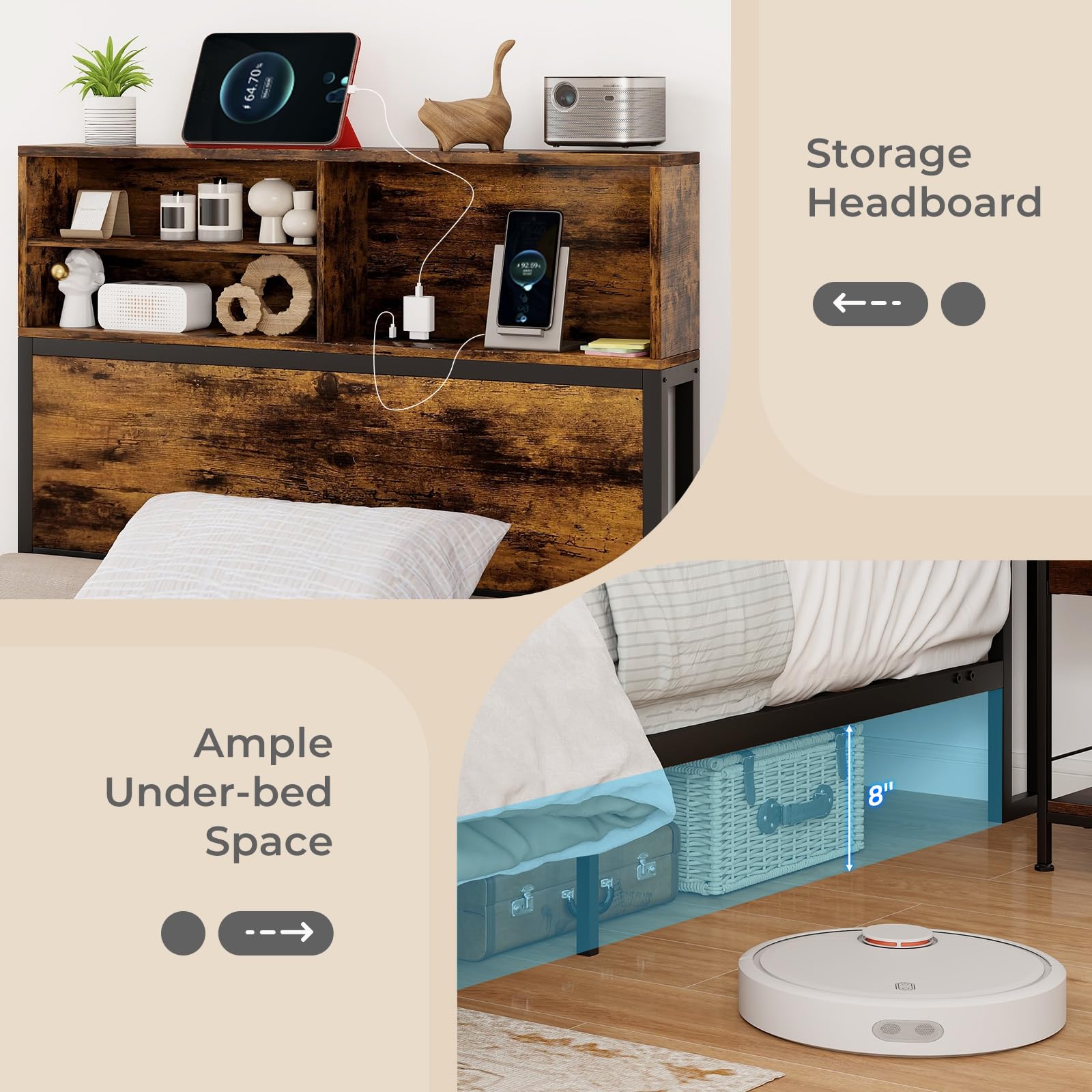 KOMFOTT Metal Platform Bed Frame with Storage Headboard & Charging Station