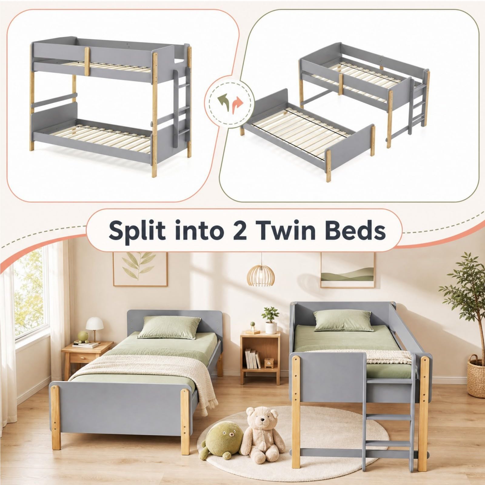 KOMFOTT Bunk Bed Twin Over Twin, Converts into 2 Twin Beds(Side Ladder)