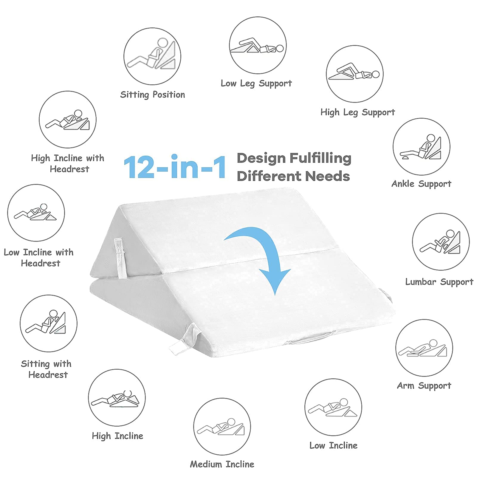 KOMFOTT Bed Wedge Pillow with Adjustable Back Support Detachable Headrest, Memory Foam Fill, Soft Washable Cover