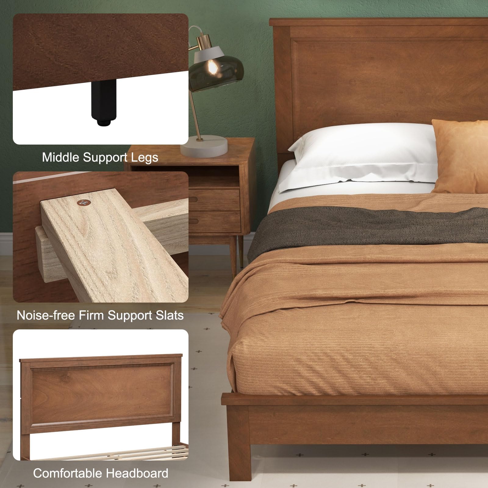 KOMFOTT Wood Platform Bed Frame with Headboard, Mid Century Platform Bed Frame with Solid Wood Legs & Wooden Slat Support