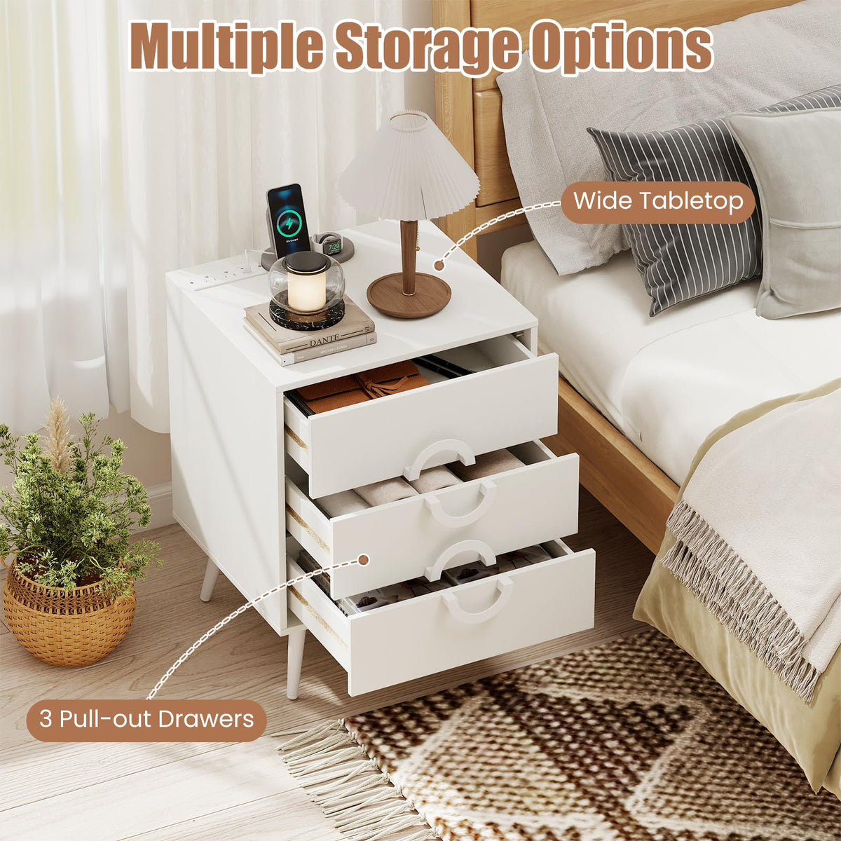 KOMFOTT Nightstand with 3 Drawers Bedside Table w/ Charging Station(18" x 16" x 23.5")