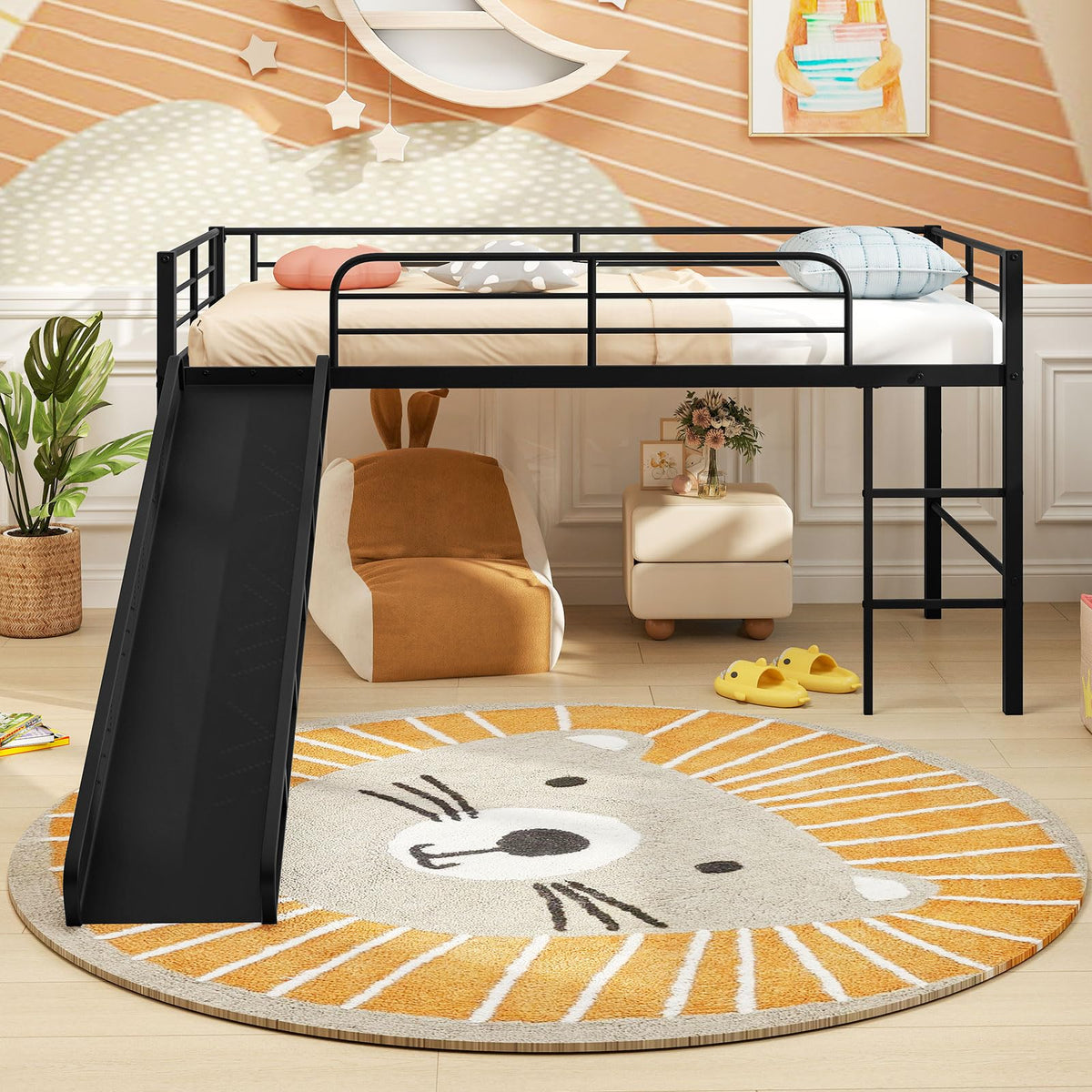 KOMFOTT Twin Size Low Loft Bed Metal Bed Frame with 30" H Under-Bed Space(with Slide)