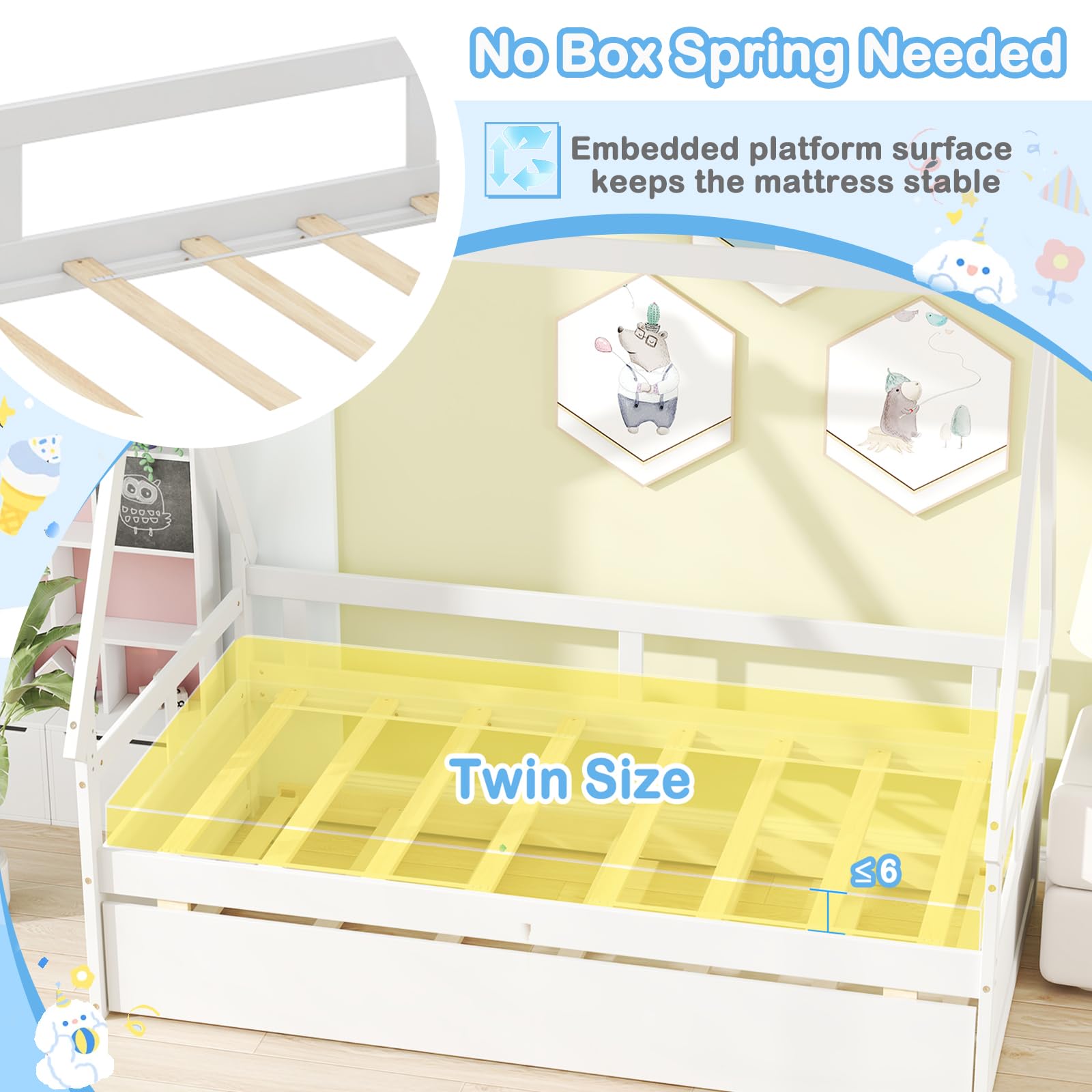 KOMFOTT Twin Size Wood House Bed with Trundle