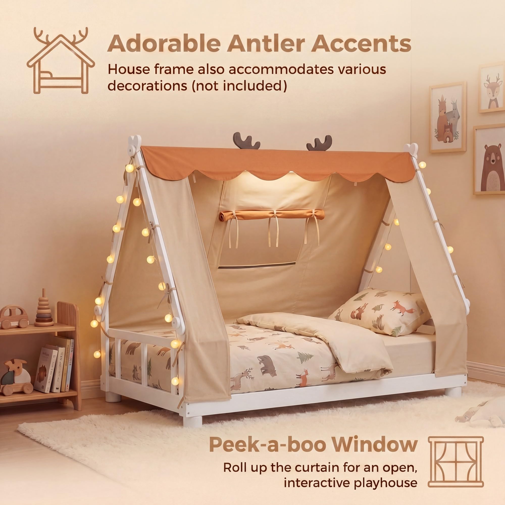 KOMFOTT Twin Floor House Bed with Tent Wood Bed Frame