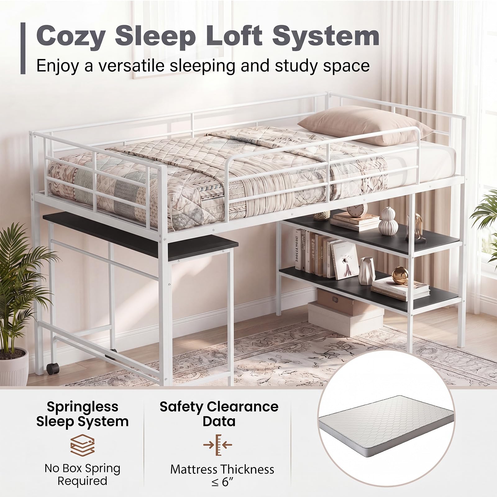 KOMFOTT Twin Low Loft Bed Metal Bed Frame