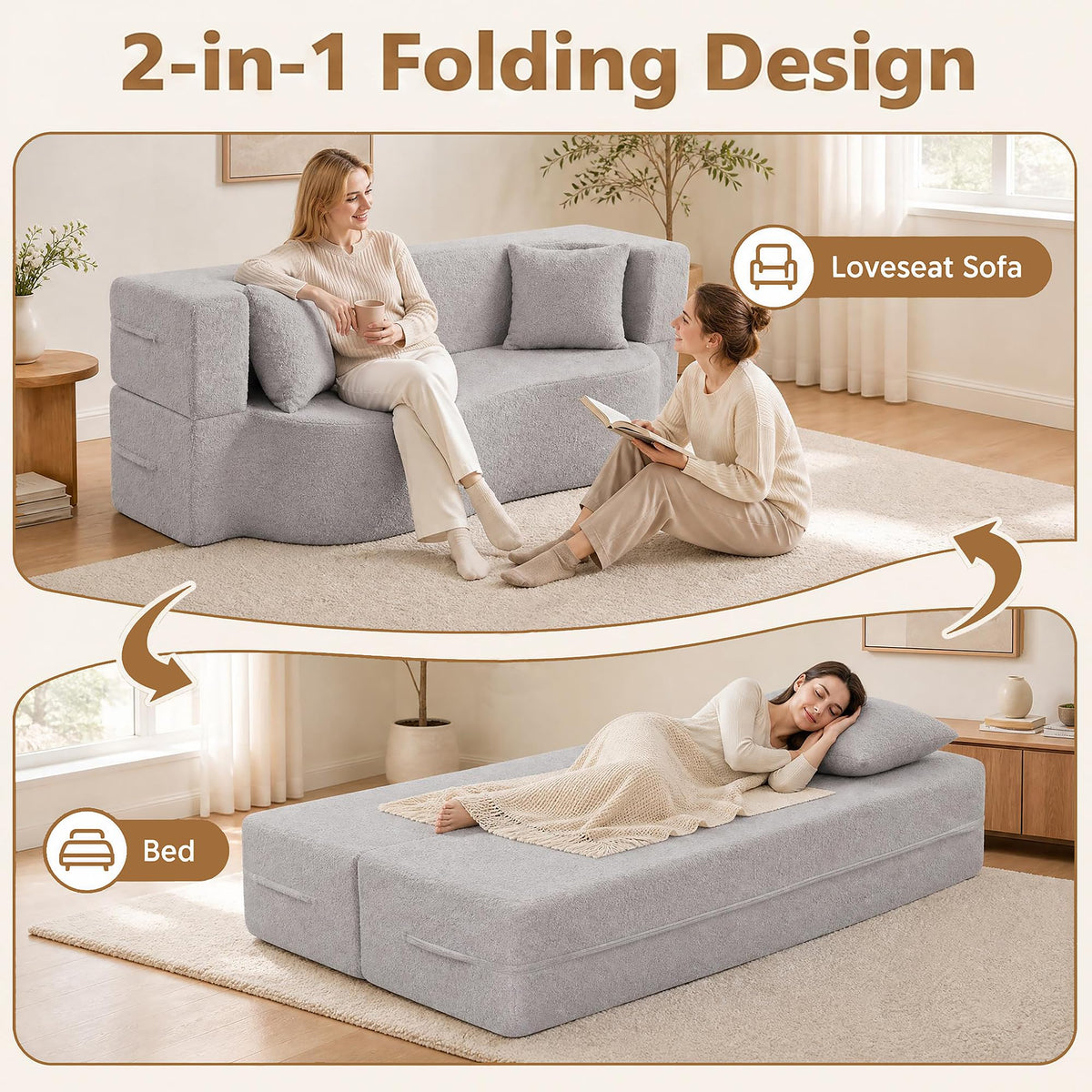 KOMFOTT 2-in-1 Folding Sofa Bed Convertible Loveseat Sofa in Teddy Fleece