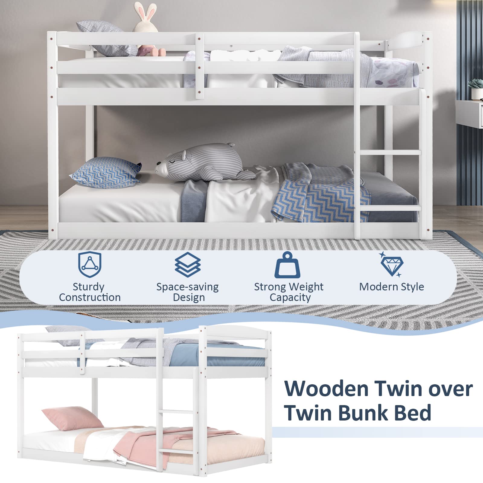 KOMFOTT Twin Over Twin Solid Wood Low Bunk Bed with Full Guardrails & Integrated Ladder