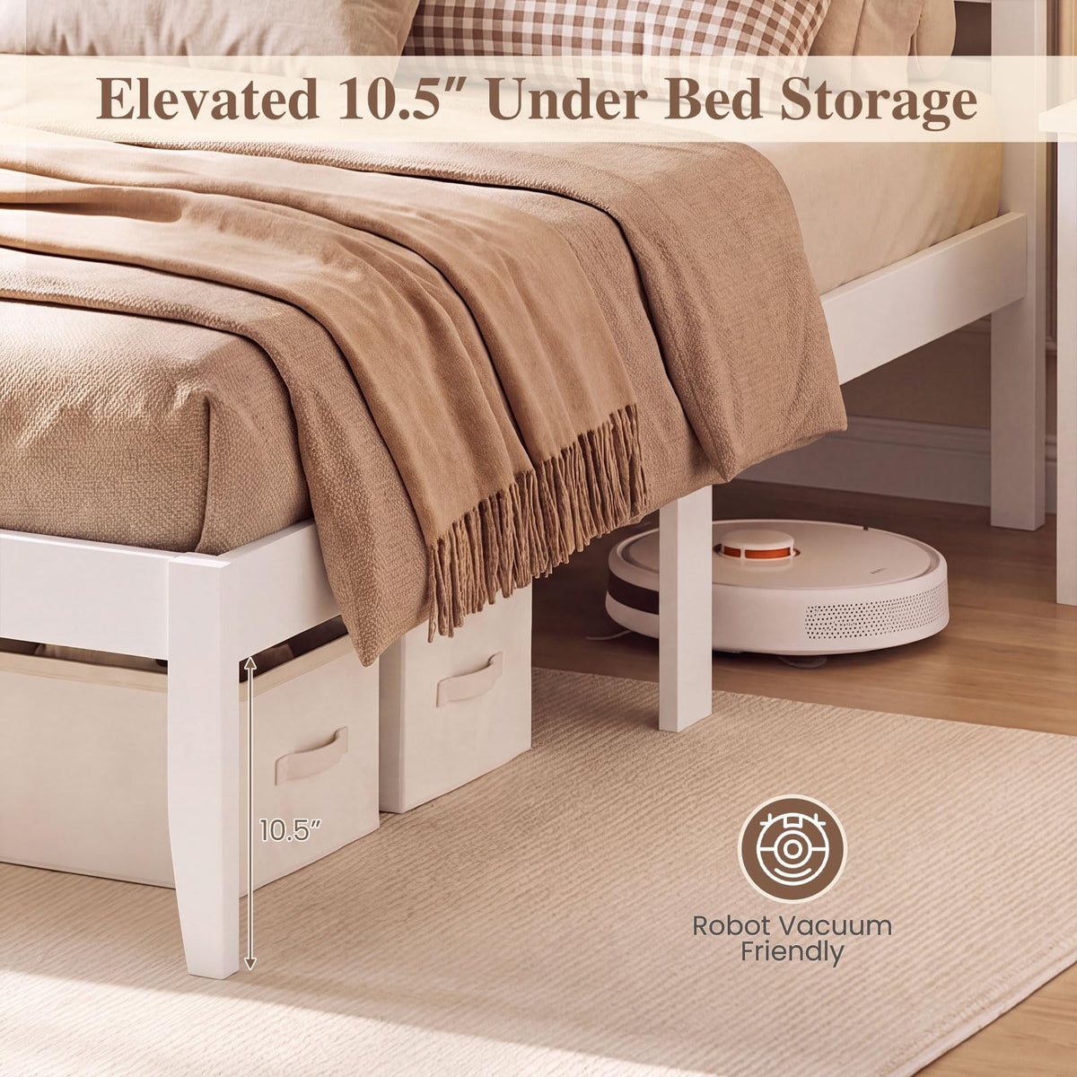 KOMFOTT Full/Queen  Size Bed Frame Farmhouse Wooden Bed with Slatted Headboard(Curved Slatted Headboard)