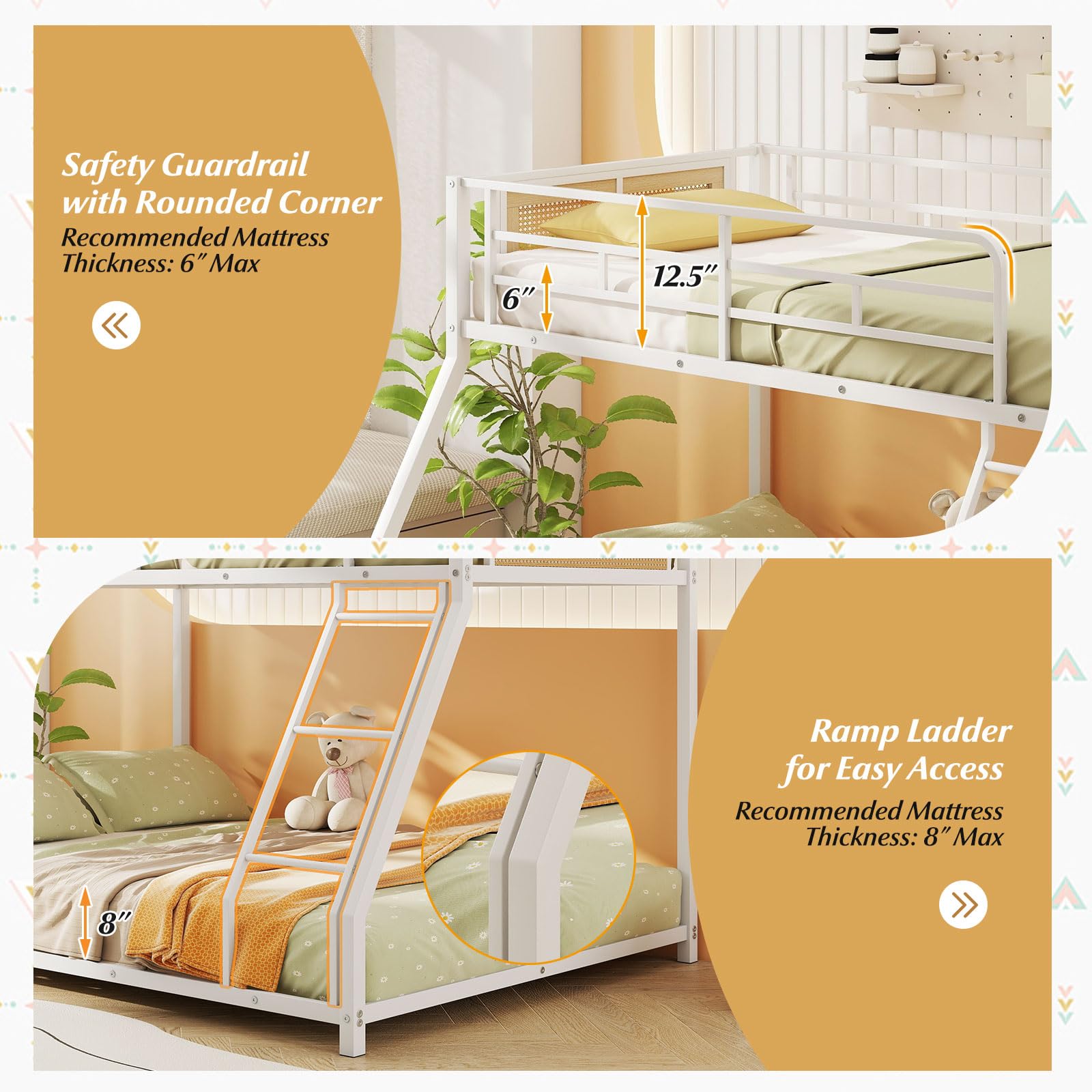 KOMFOTT Metal Bunk Bed Twin Over Full Low Profile Boho Rattan Bunk Bed