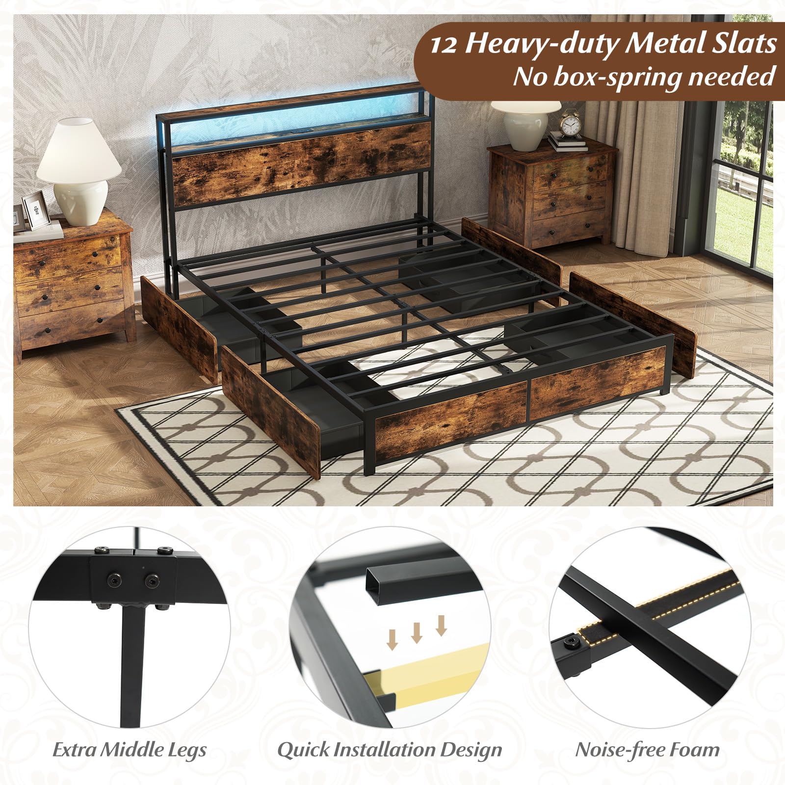 KOMFOTT Industrial LED Bed Frame with 2-Tier Storage