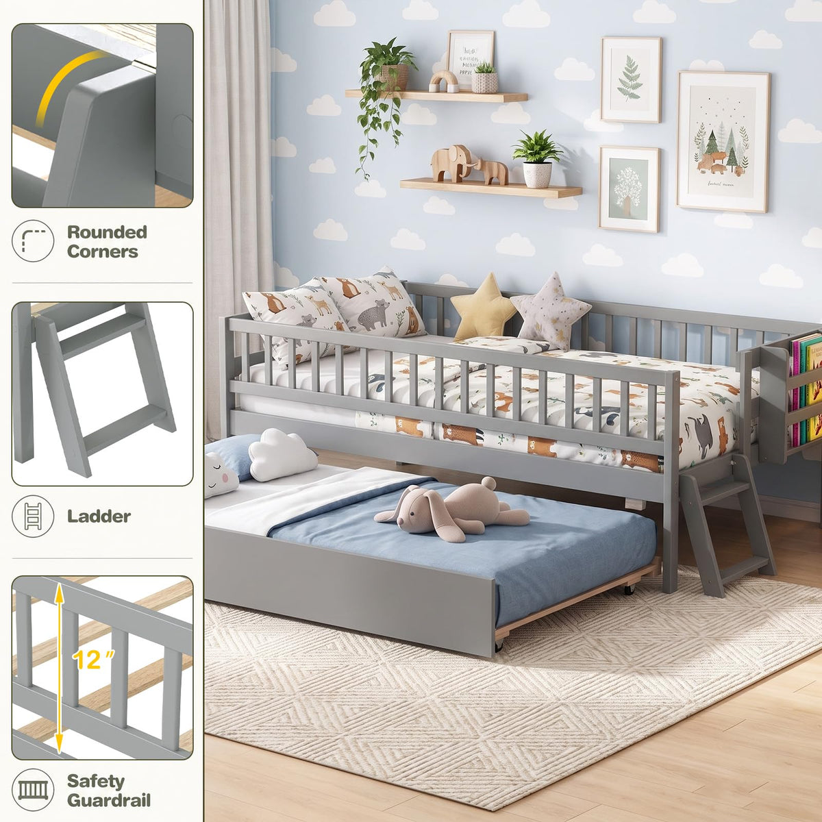 KOMFOTT Twin Bed Frame with Trundle & Bookshelf(with Trundle)