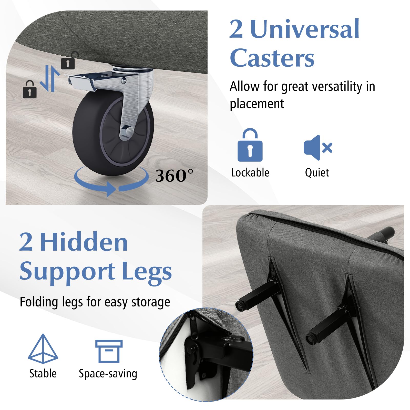 KOMFOTT Convertible Chair Bed with 5-Position Adjustable Backrest & Lumbar Pillow, 2 Hidden Metal Legs & 2 Lockable Casters