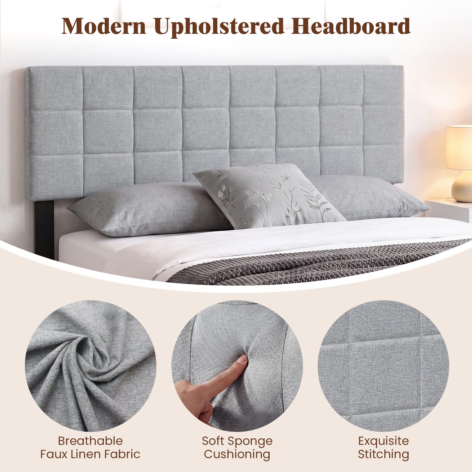 KOMFOTT Linen Upholstered Headboard for Full & Queen Size Bed(Quadrate Channel Tufted)