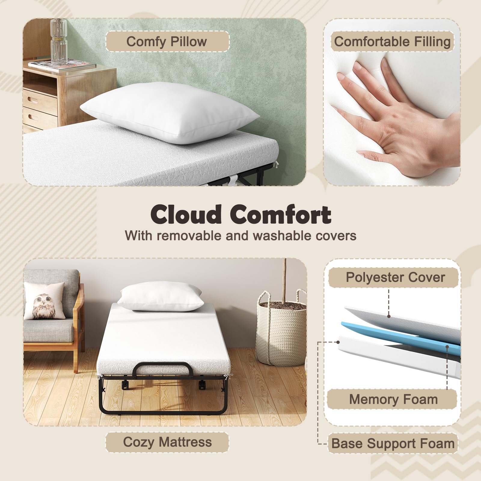 KOMFOTT Cot Size Folding Bed with Memory Foam Mattress & Pillow（75” x 31”）