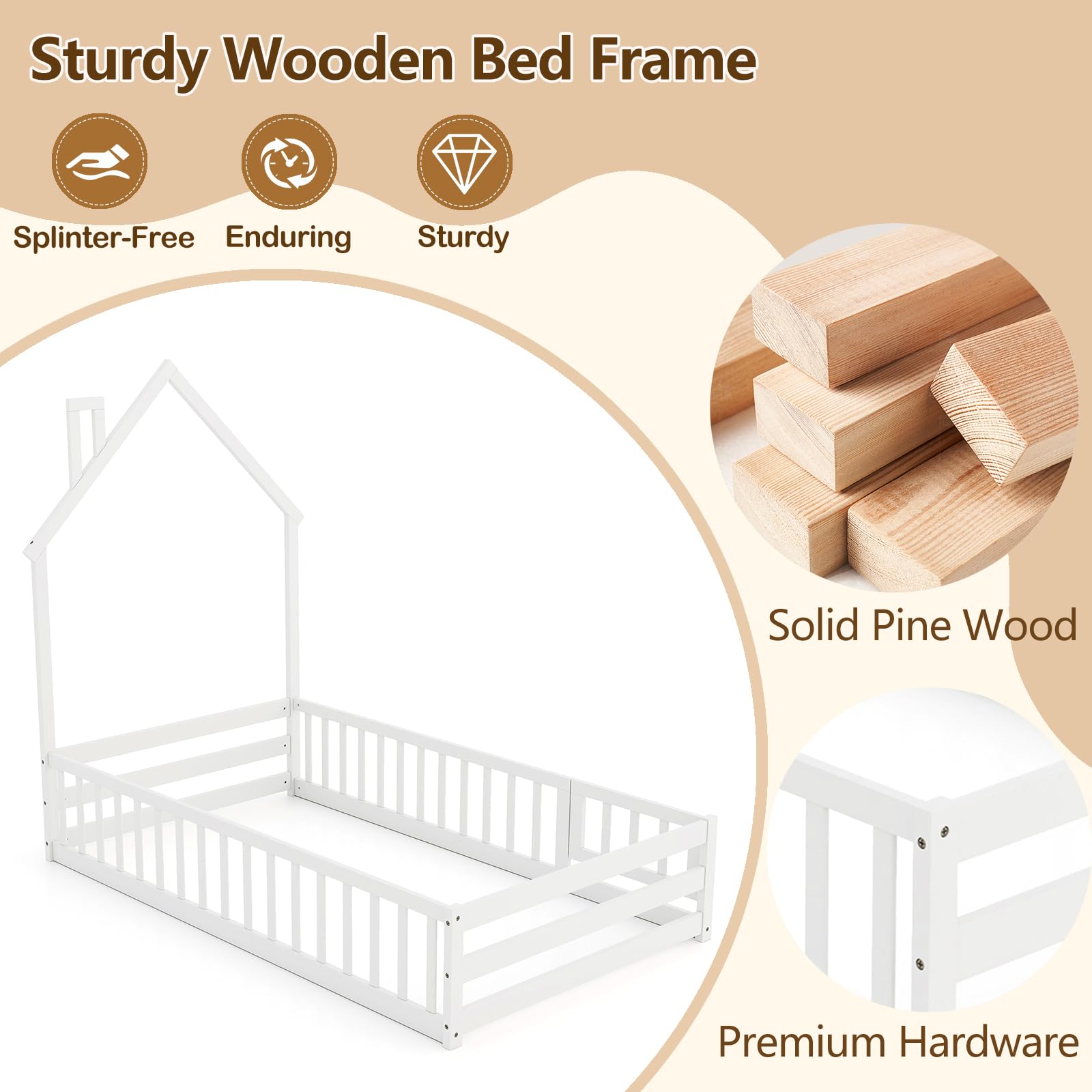 KOMFOTT Twin Size Wood Floor Bed with Door & Fence