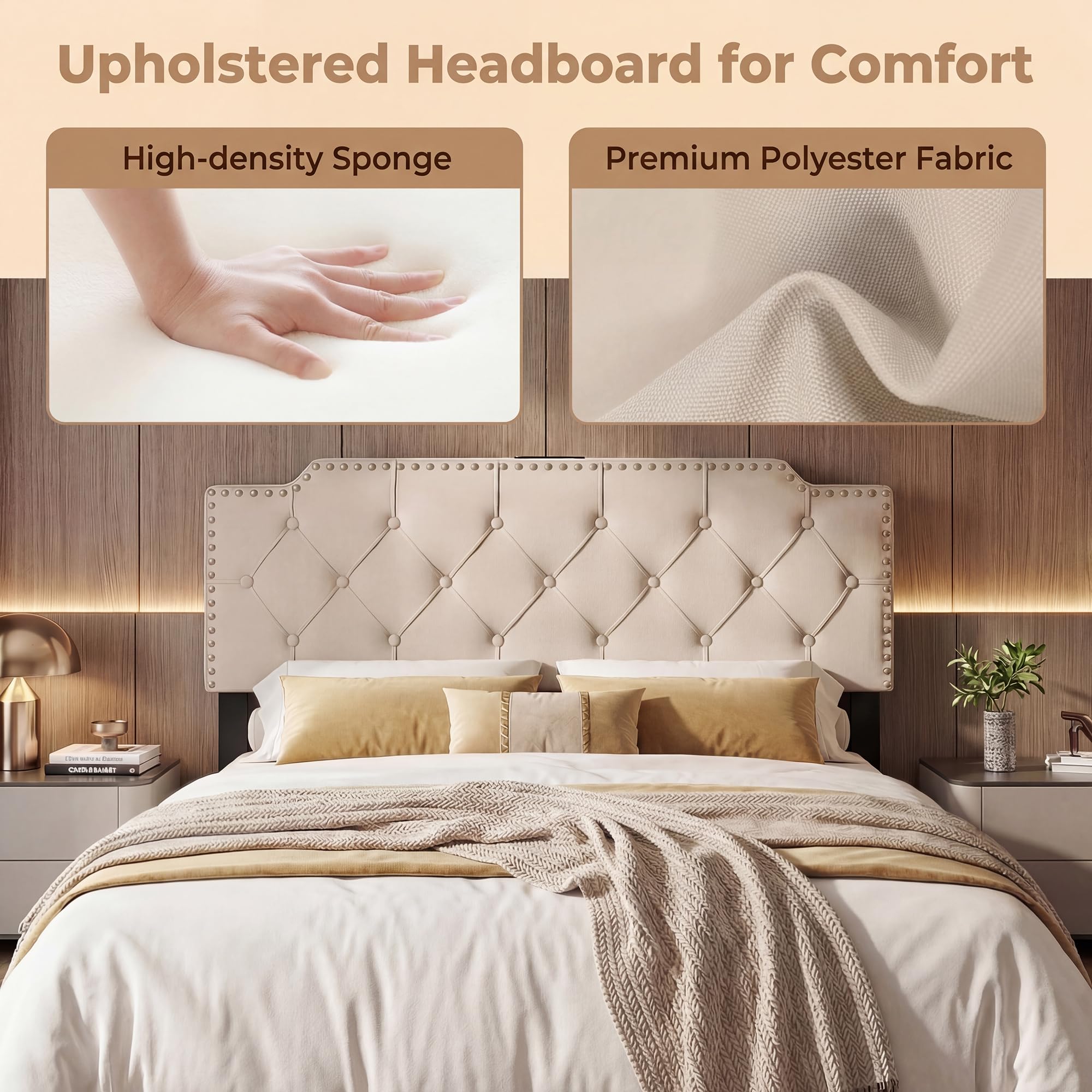 KOMFOTT Riveted Upholstered Headboard with Charging Station for Full & Queen Size Bed Frame
