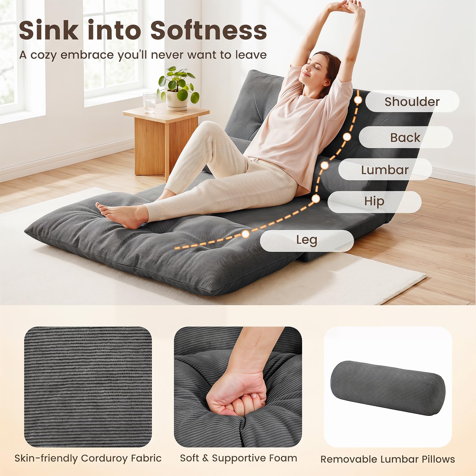 KOMFOTT Foldable Floor Lazy Sofa with 2 Pillows