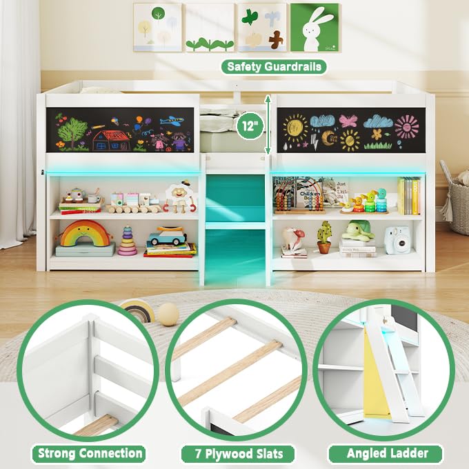 KOMFOTT Twin Size Low Loft Bed with LED Lights