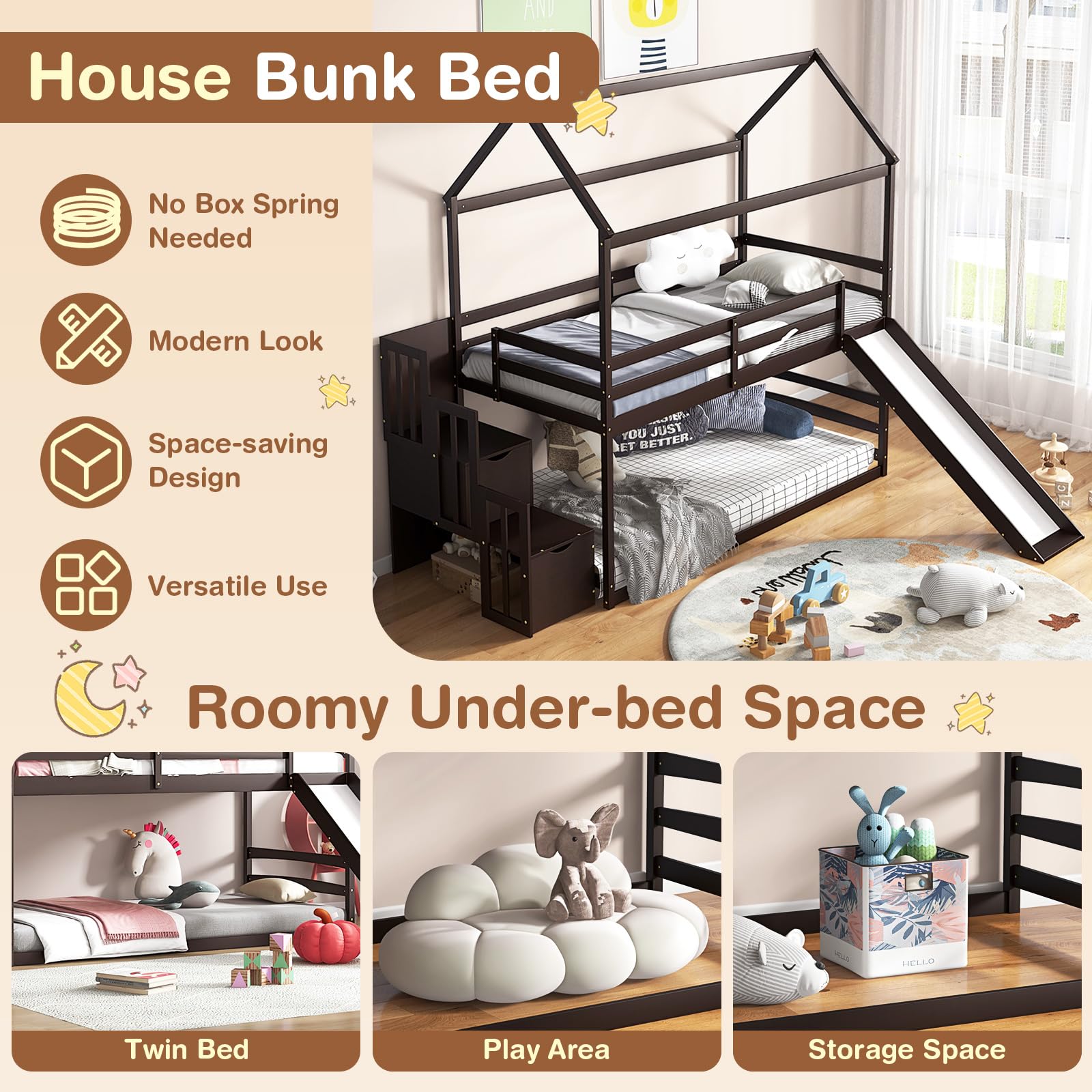 KOMFOTT Wood Twin Over Twin House Bunk Bed with Slide & Storage Staircase