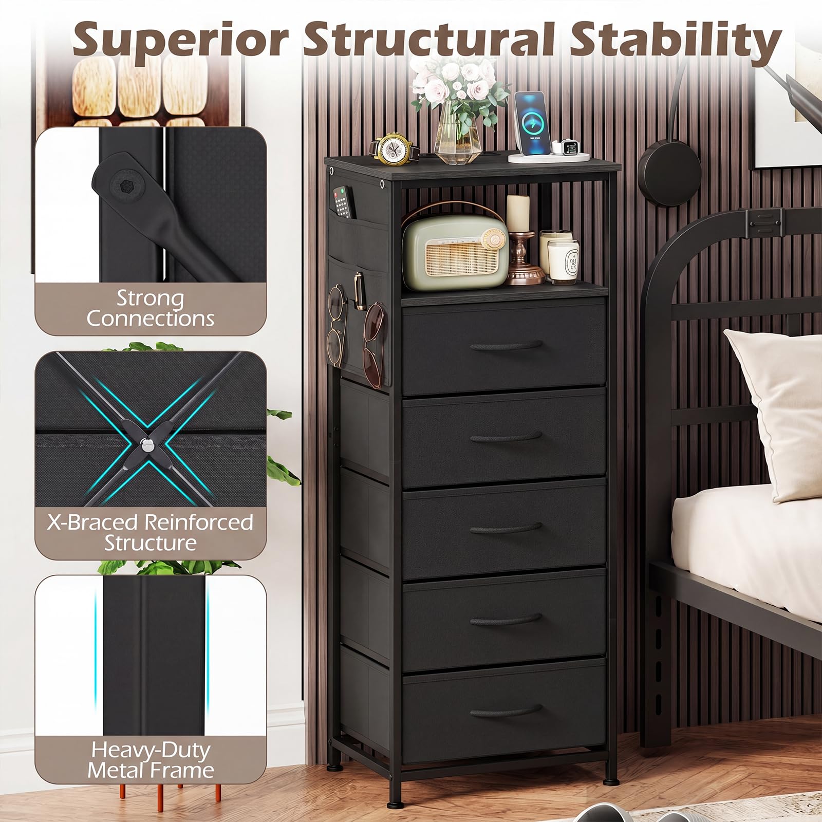KOMFOTT 1/2 Nightstand with Integrated Charging Station 39" Tall Modern End Table(5 Drawers)