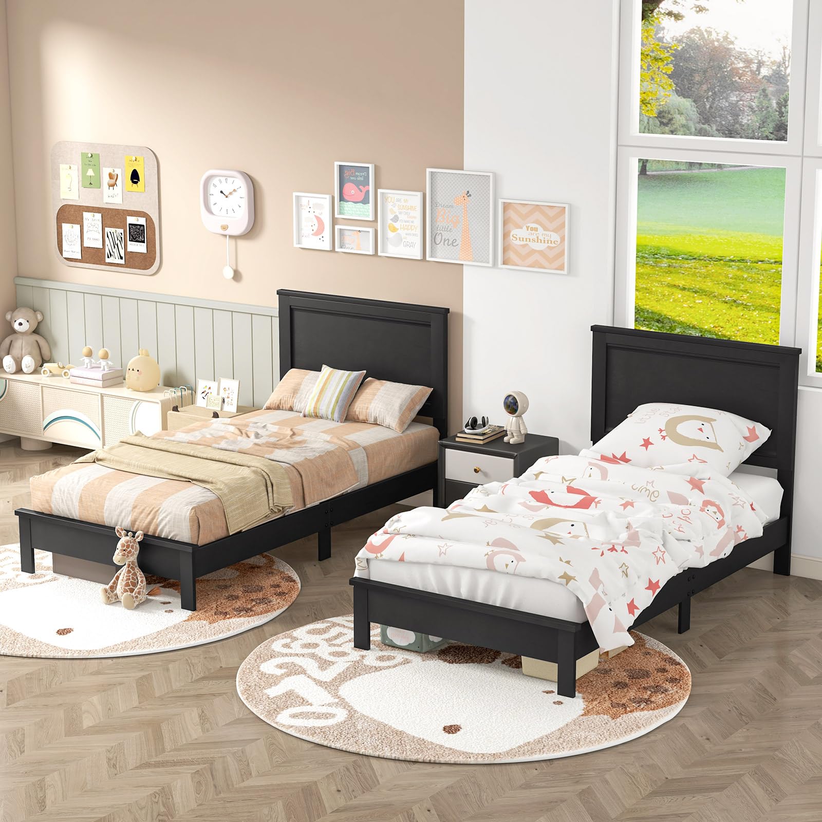 KOMFOTT Mid-Century Modern Platform Bed with Headboard, Solid Wood Legs