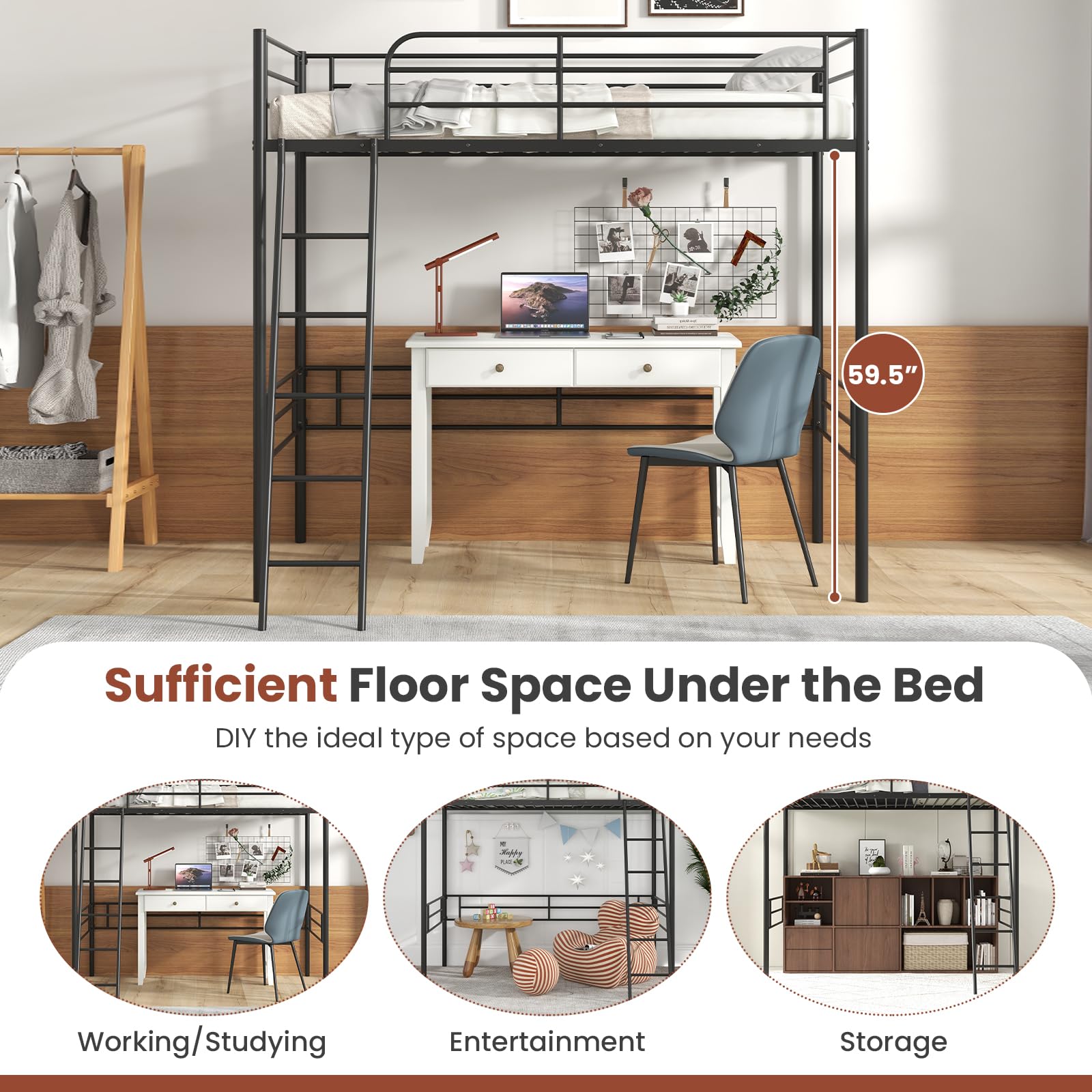 KOMFOTT Twin Metal Loft Bed Frame with Ladder