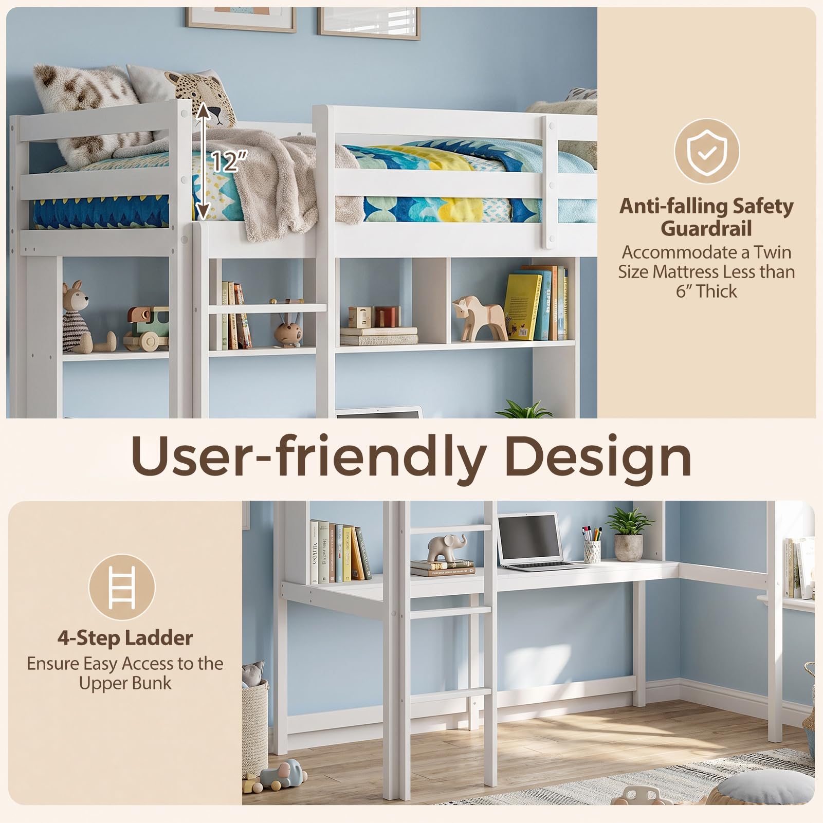 KOMFOTT Loft Bed with Desk & Bookcase Twin Bed Frame ( White )