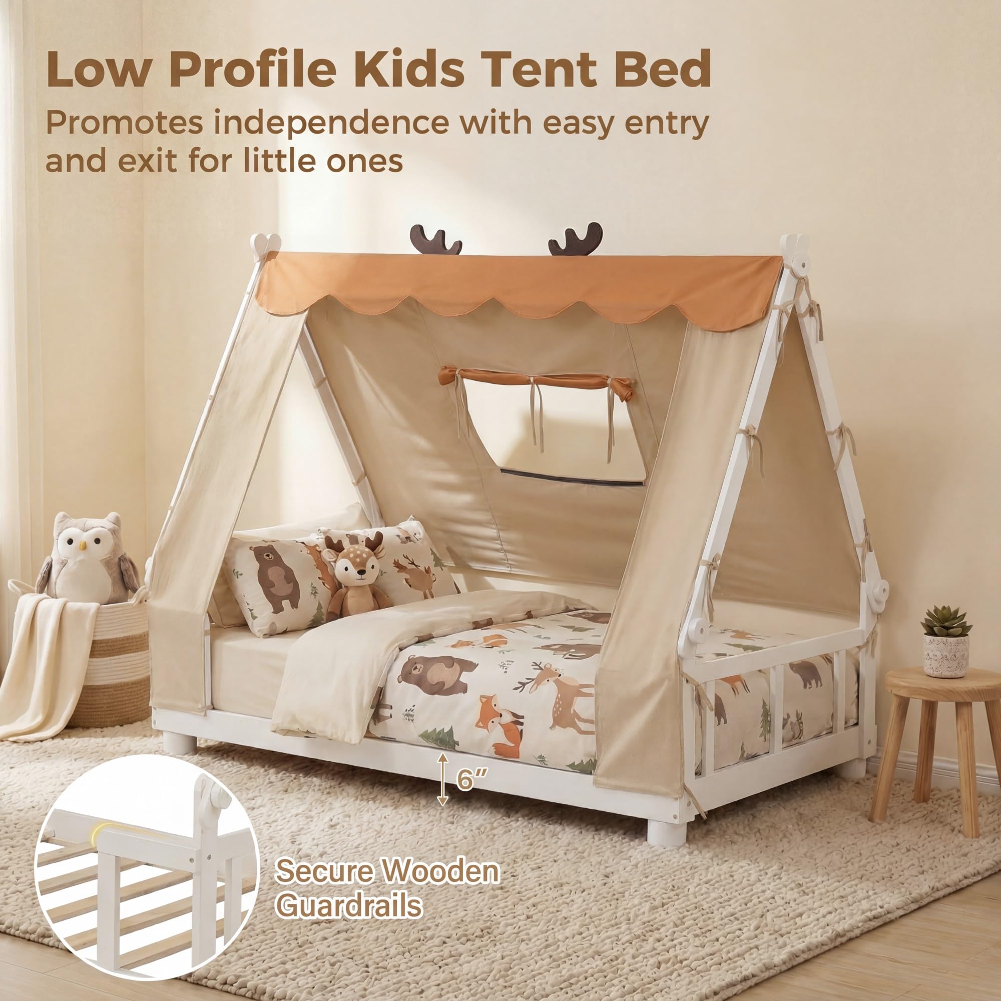 KOMFOTT Twin Floor House Bed with Tent Wood Bed Frame