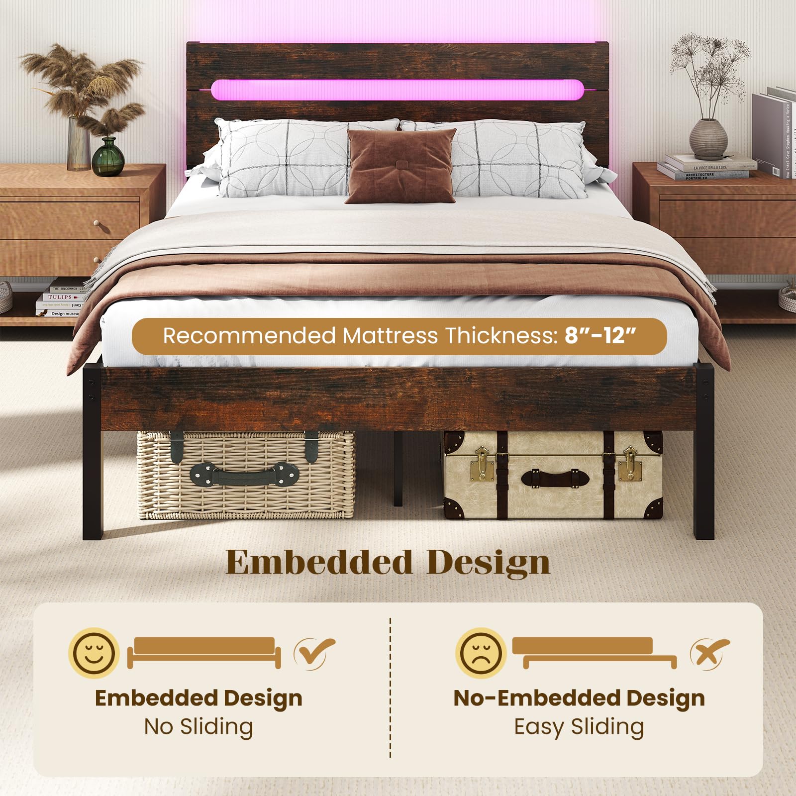 KOMFOTT Full Metal Bed Frame with Headboard & Charging Station