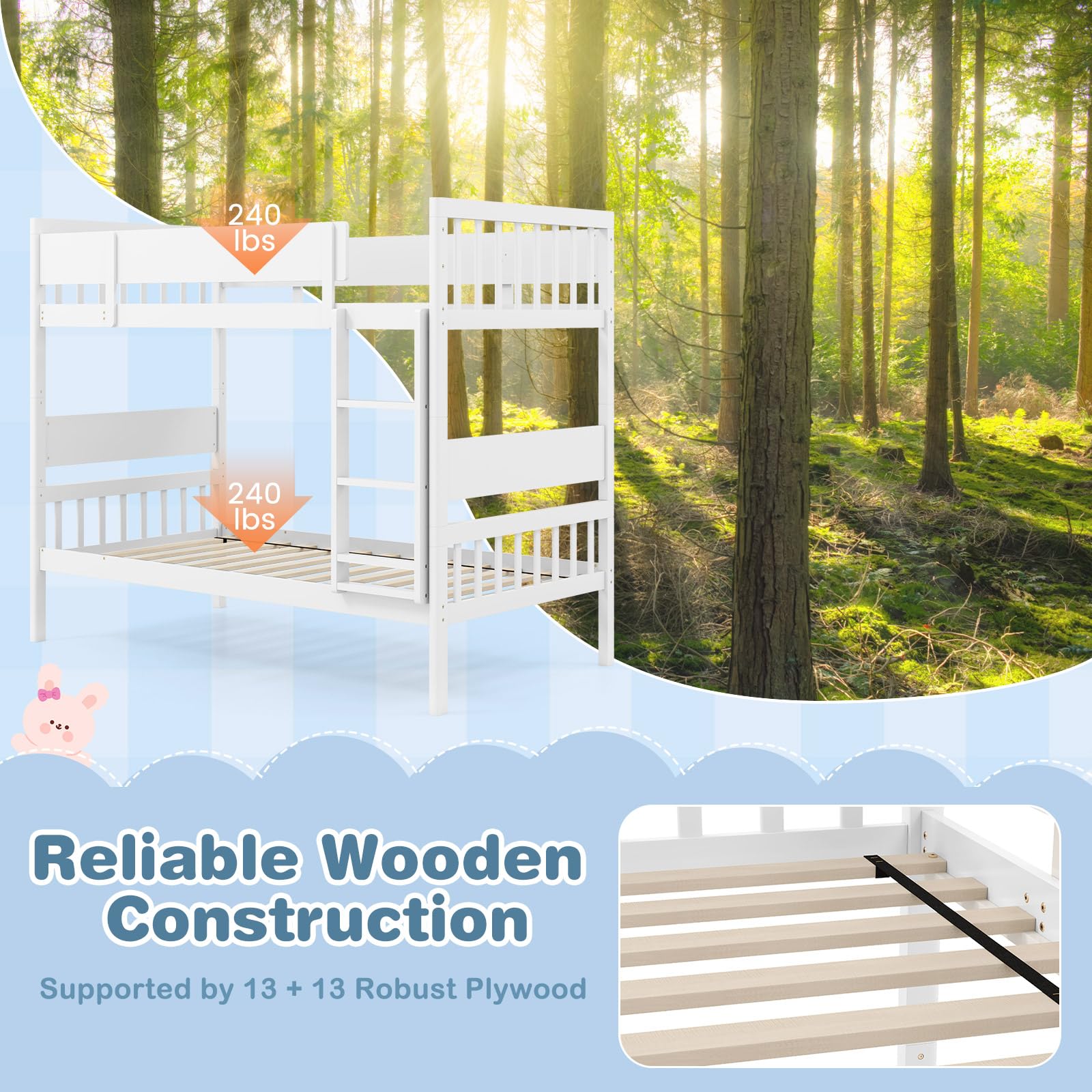 KOMFOTT Wood Twin Over Twin Bunk Bed Convertible Bed Frame