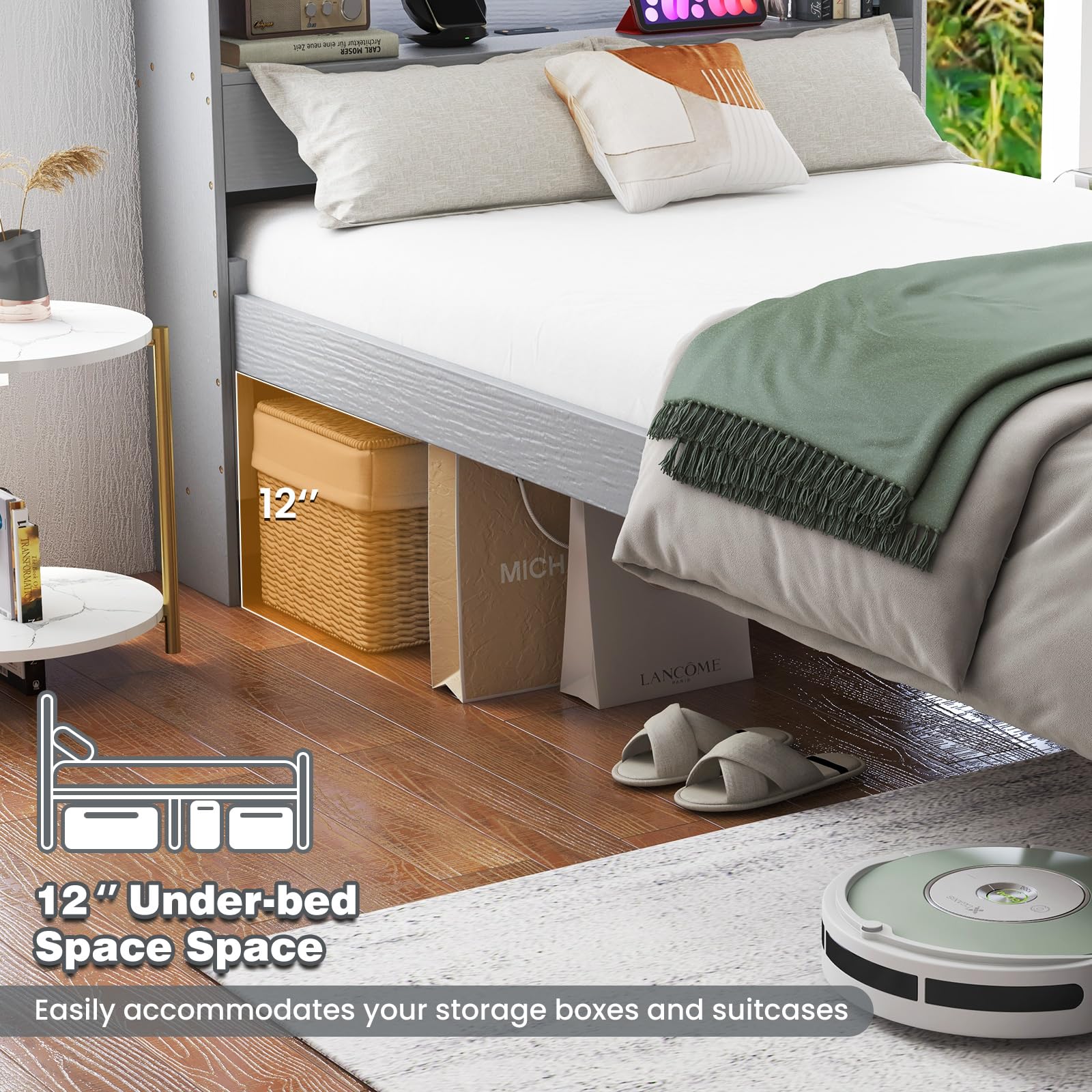 KOMFOTT Twin Size Wood Platform Bed Frame with Charging Station & LED Light