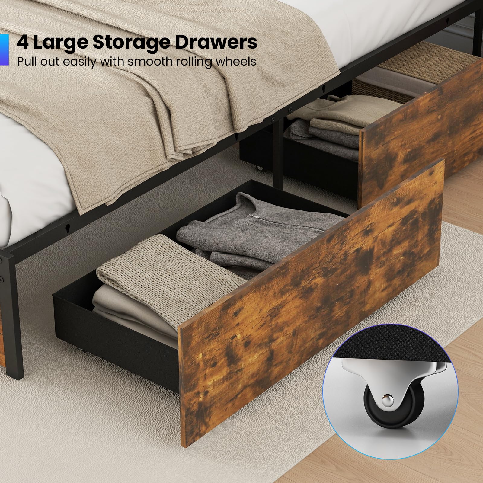 KOMFOTT Industrial LED Bed Frame with 4 Storage Drawers & Charging Station
