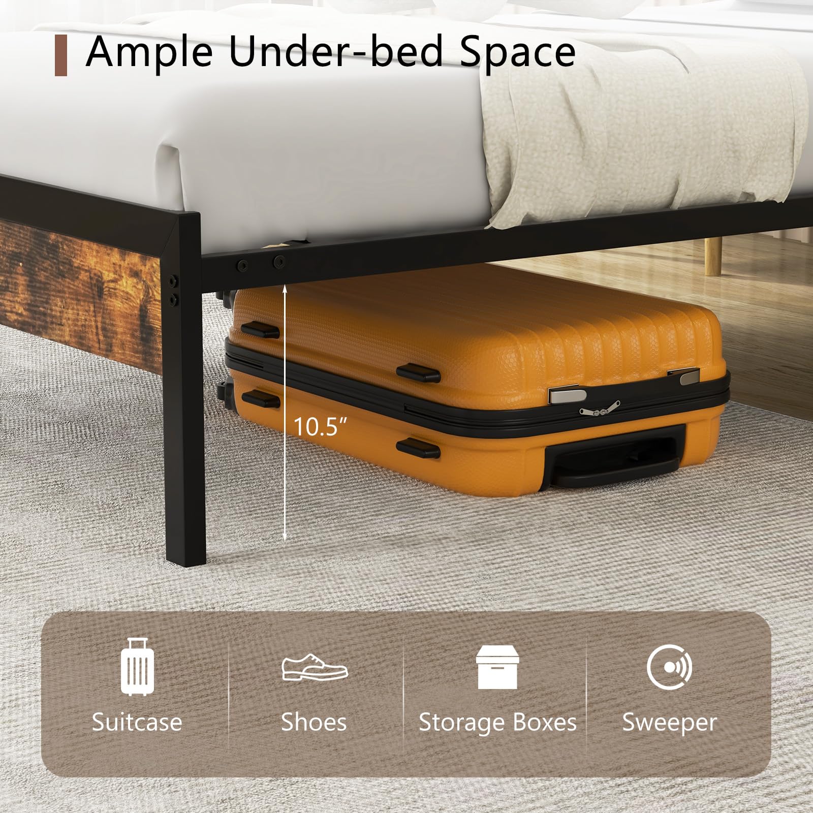 KOMFOTT Industrial Bed Frame with 2-Tier Storage Headboard & Charging Station